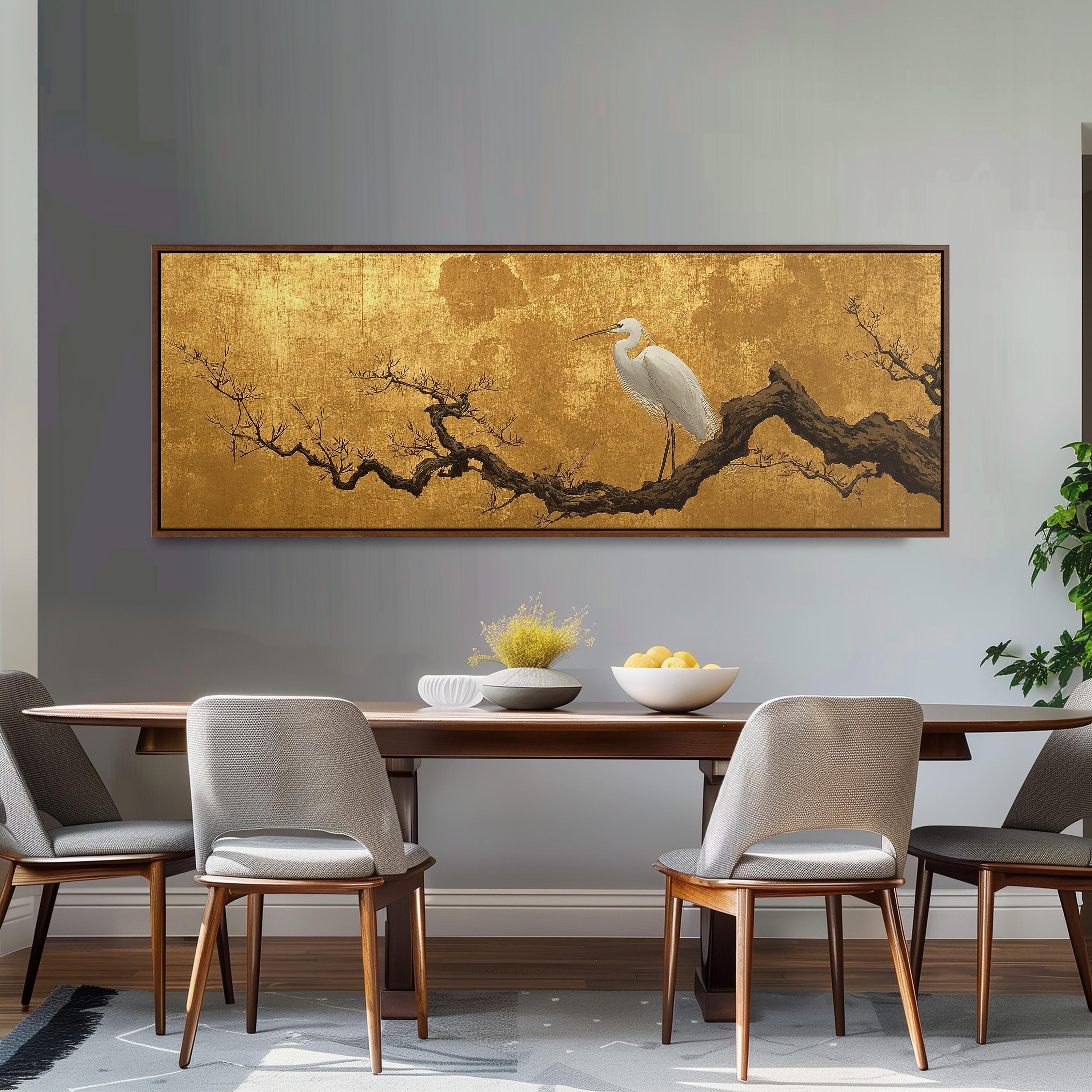 Japanese Egret Panoramic Art - Gold Crane Print – RondoPanorama