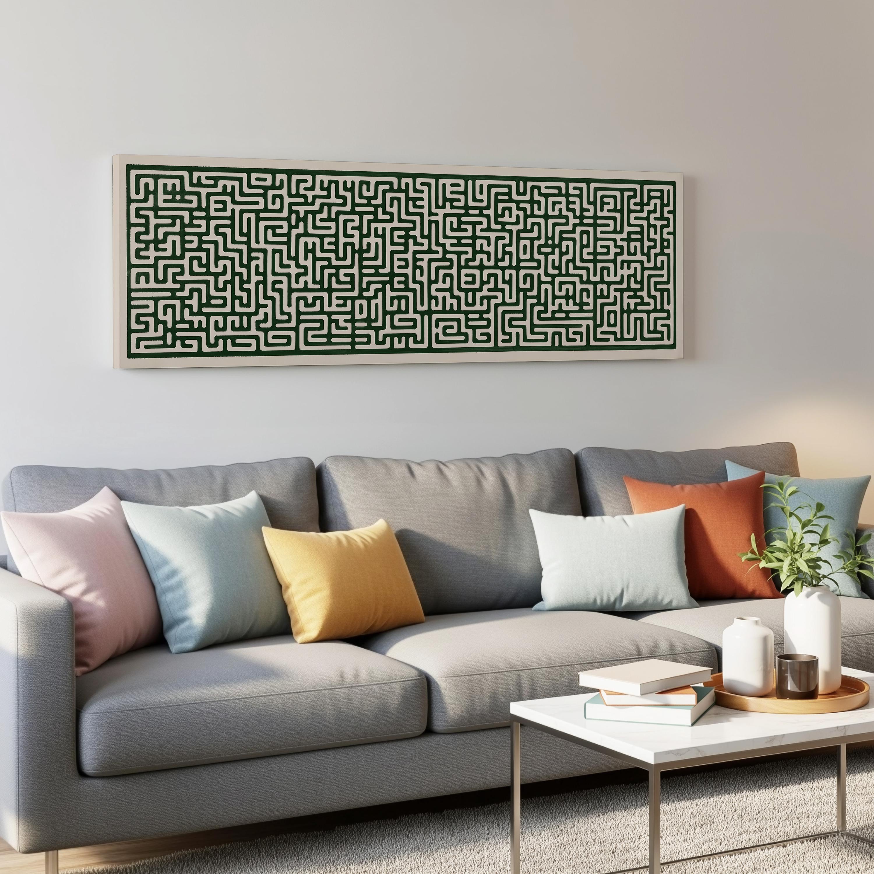 a gray couch with colorful throw pillows, a white coffee table, and a large abstract painting hanging on the wall above the couch.
