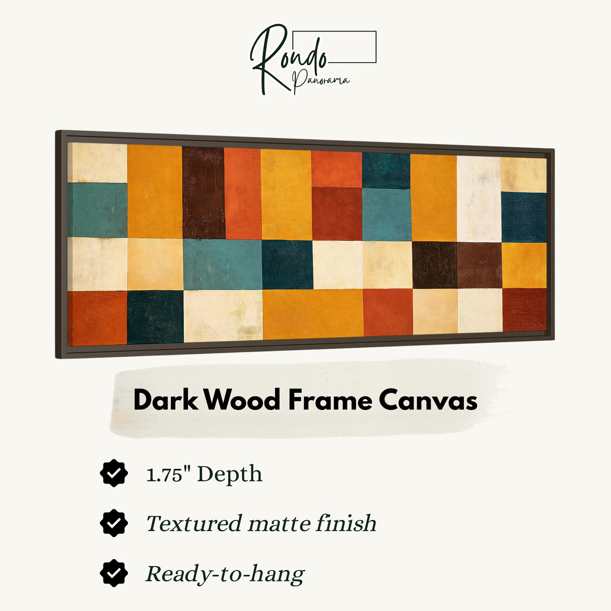 Ochre, rust and teal patchwork blocks canvas print in a dark wood floating frame