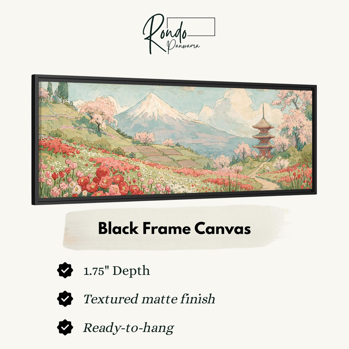 Mount Fuji with sakura and a pagoda canvas print in a black floating frame