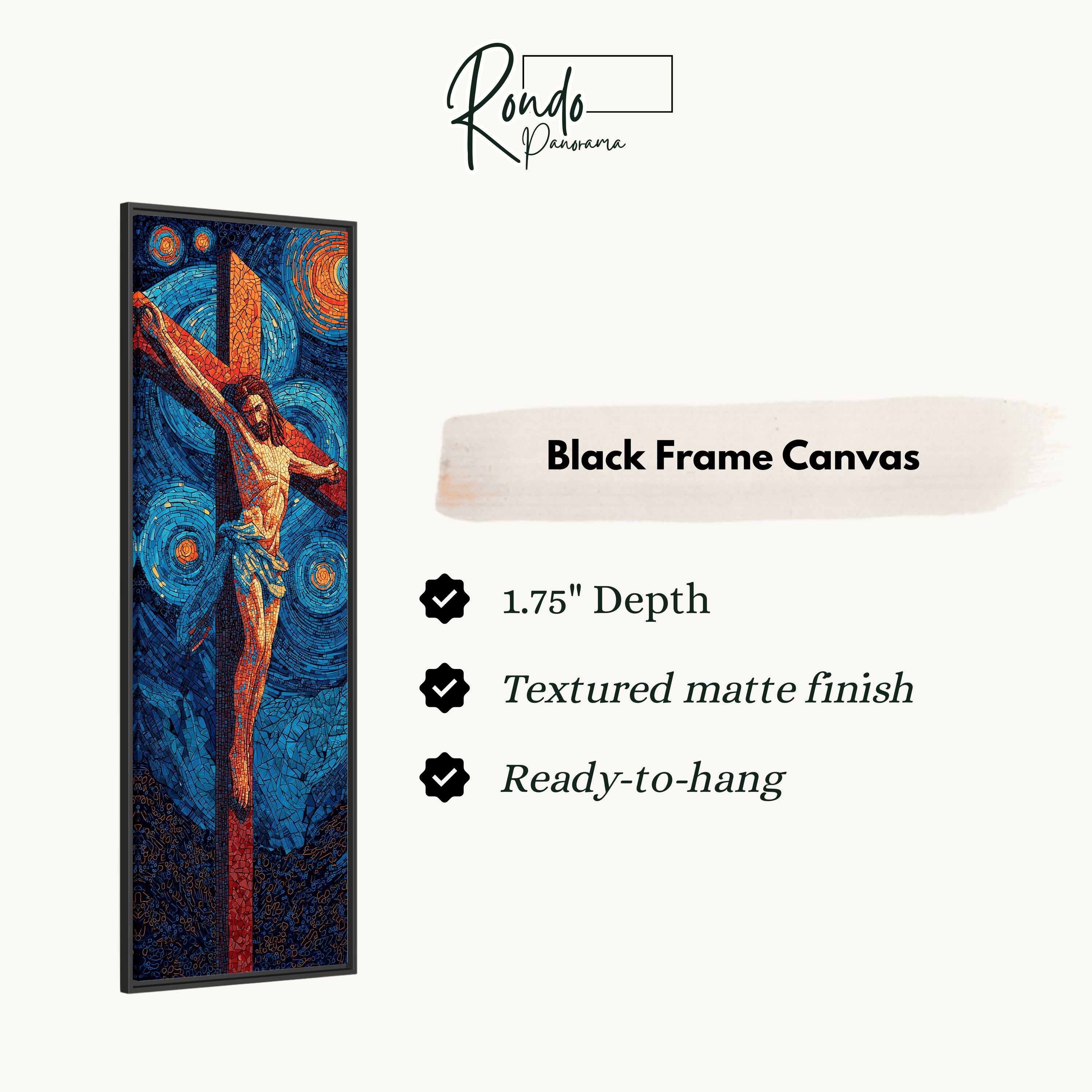 The image is a black frame canvas depicting a painting of Jesus Christ on the cross.