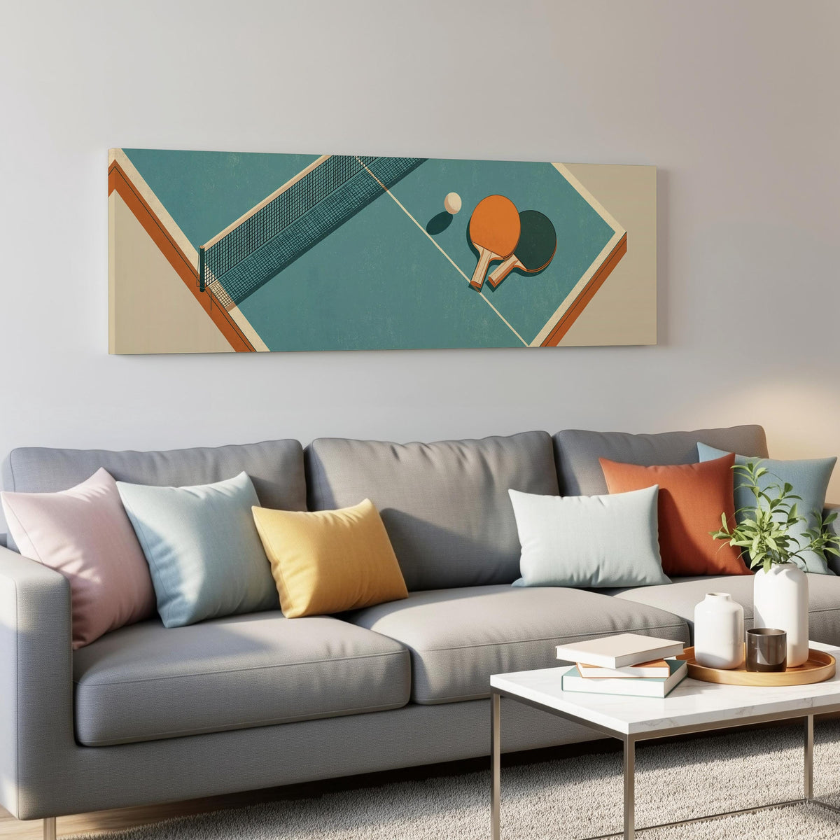 Retro ping pong table panoramic canvas print above a grey sofa in a living room