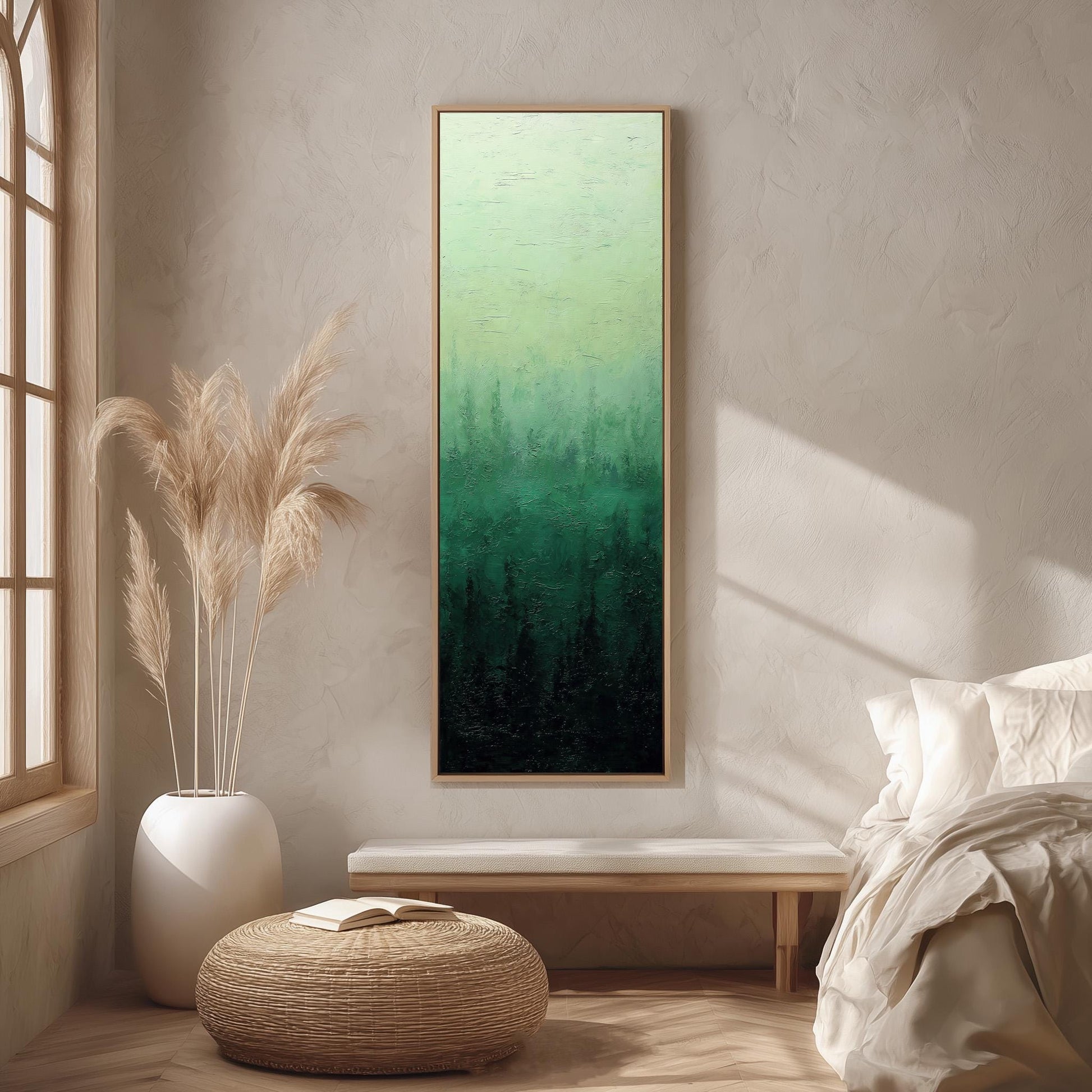 a serene and modern bedroom with a large painting of a forest scene hanging on the wall, a white bed with a white pillow, a white vase with tall potted plants, and a woven ottoman in front of the bed.