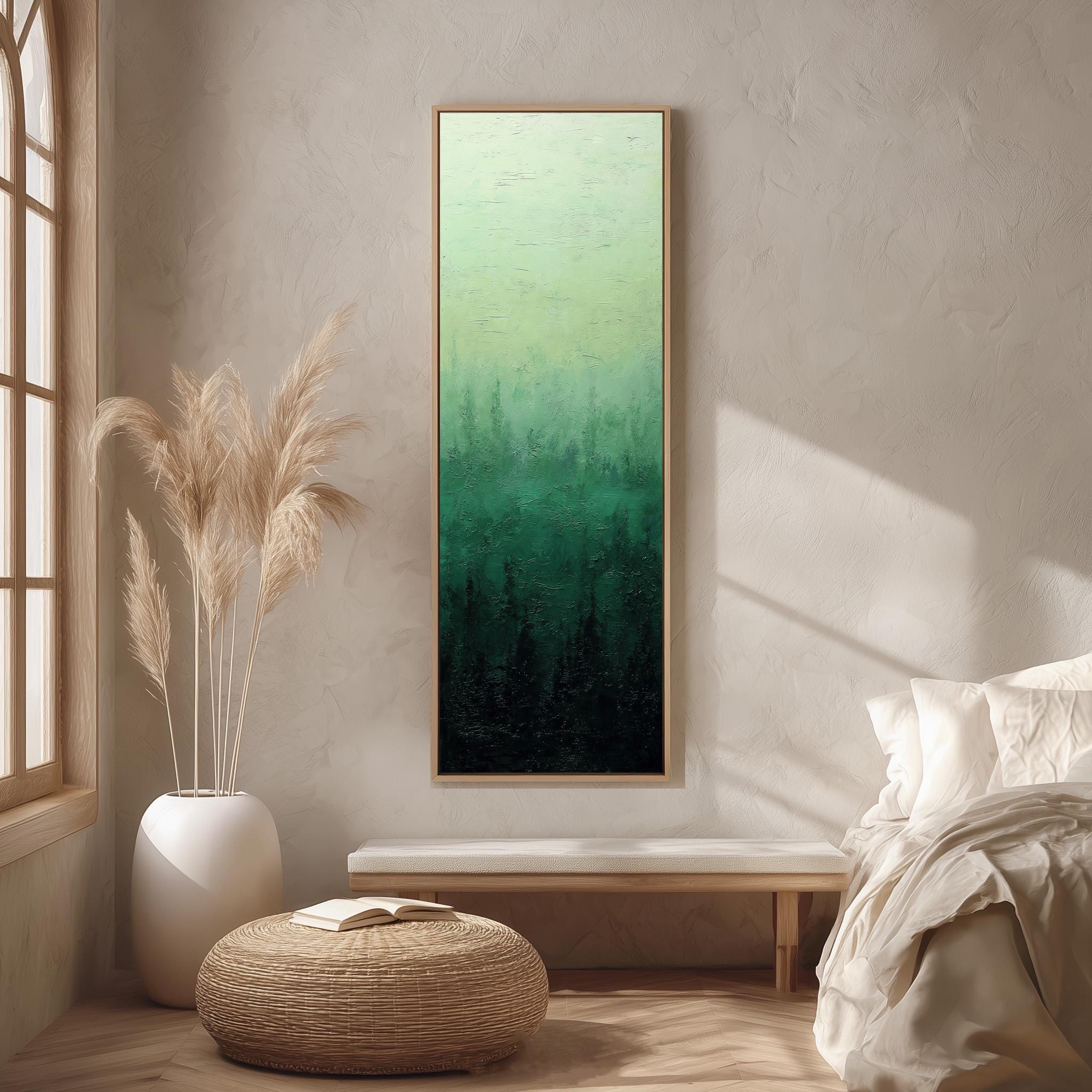 a serene and modern bedroom with a large painting of a forest scene hanging on the wall, a white bed with a white pillow, a white vase with tall potted plants, and a woven ottoman in front of the bed.