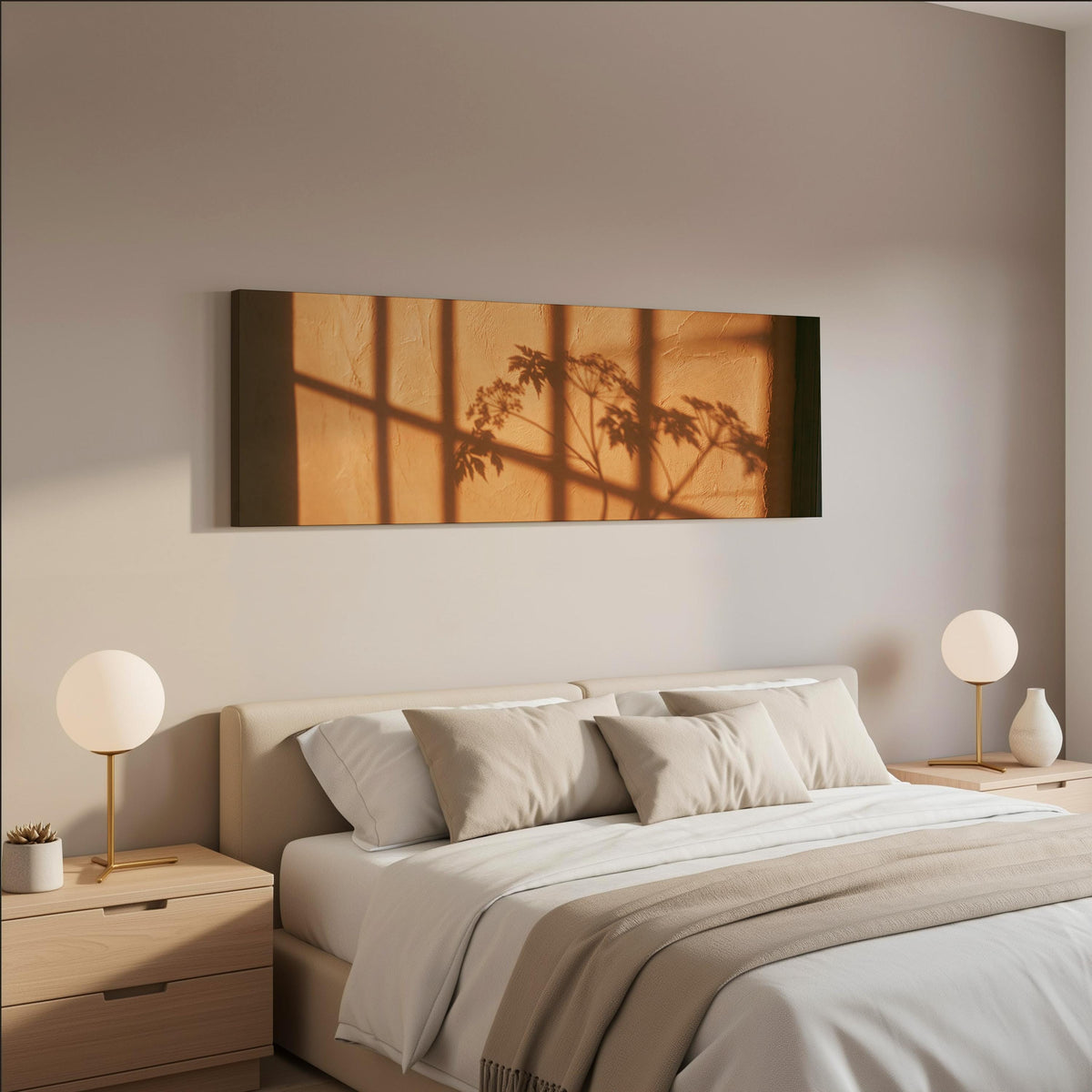Plant and window shadows on a terracotta wall wide panoramic canvas print above a bed in a neutral bedroom