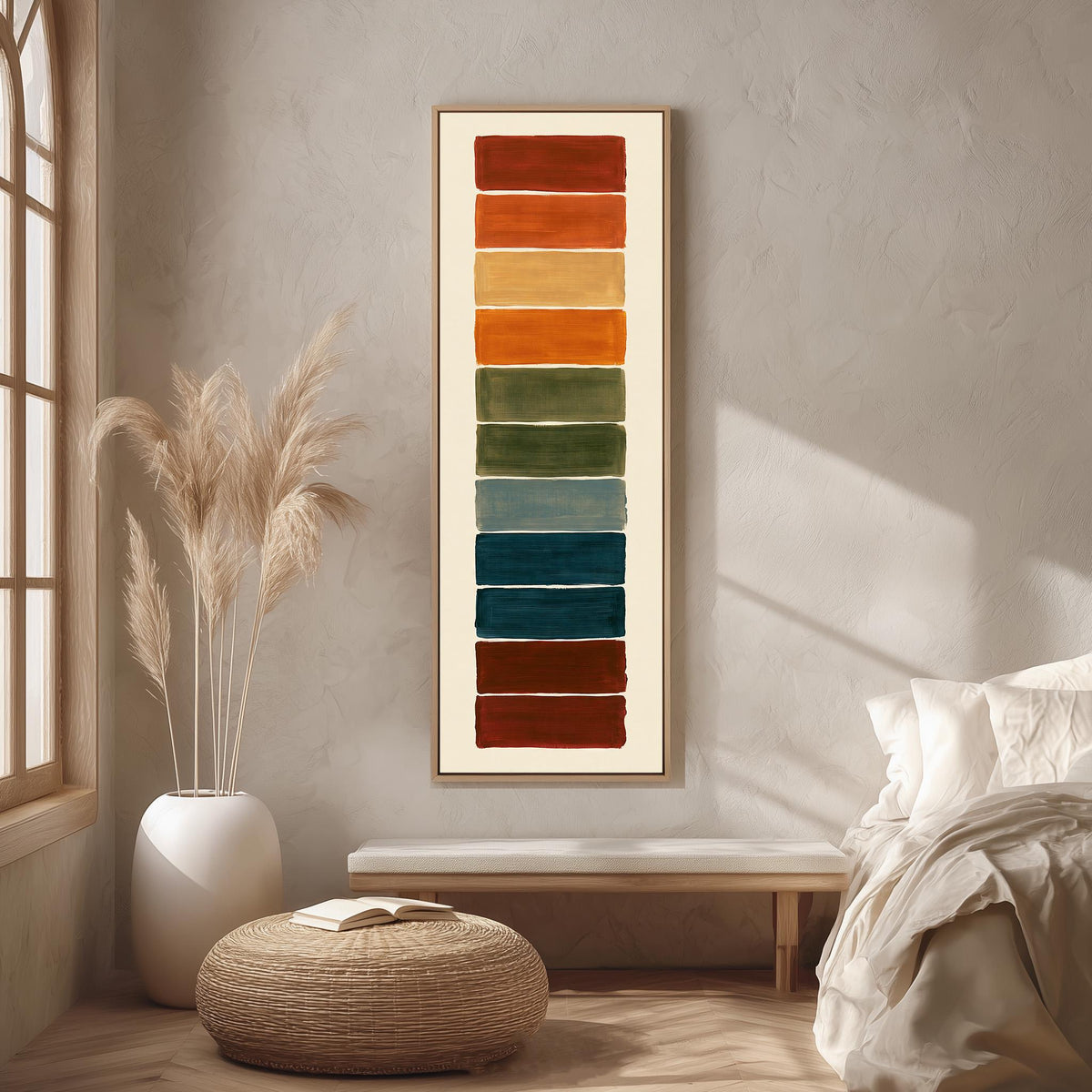 Stack of rust, teal and maroon swatches long vertical canvas print in a bright reading corner
