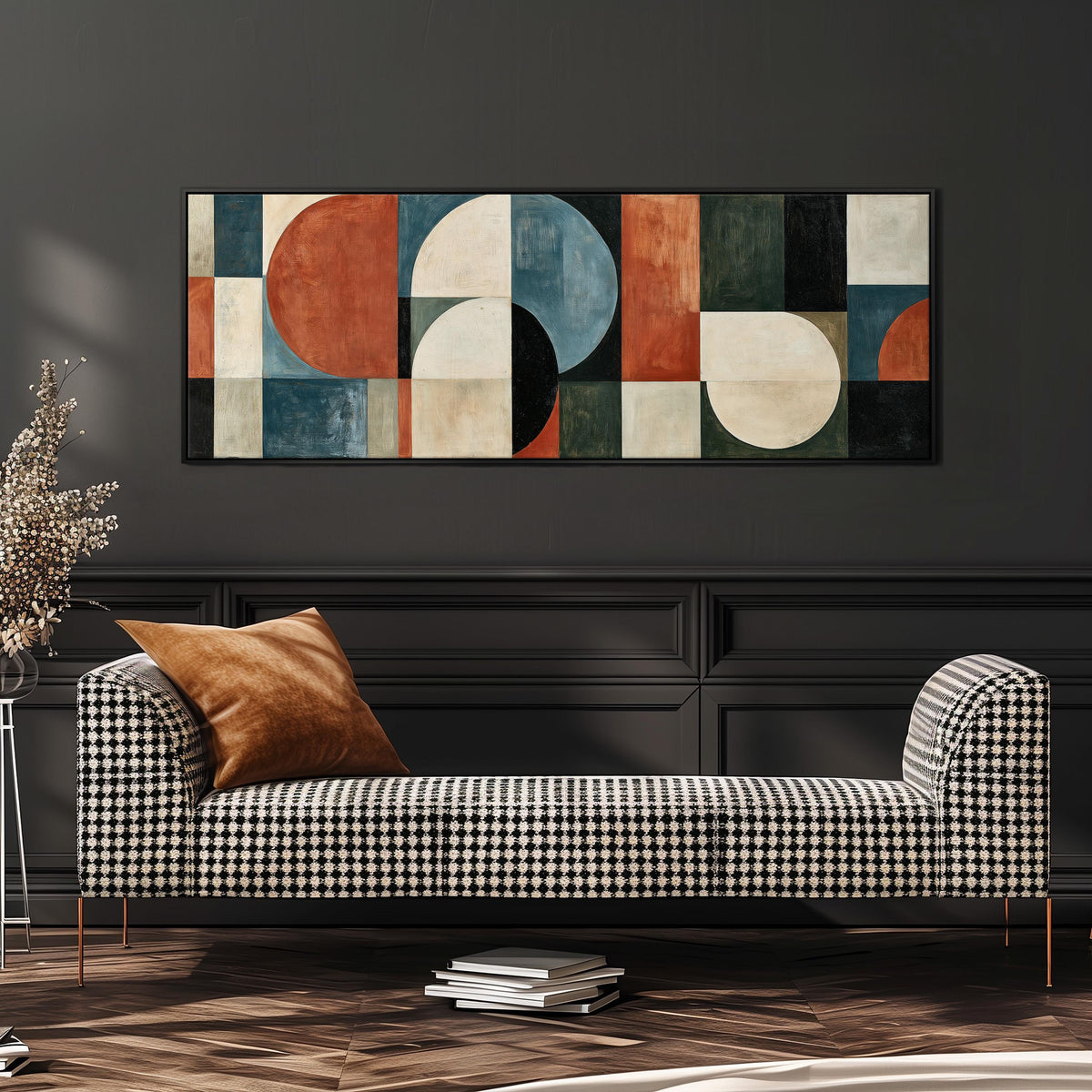 Rust and blue geometric arches and circles wide panoramic canvas print above a bench in a dark living room