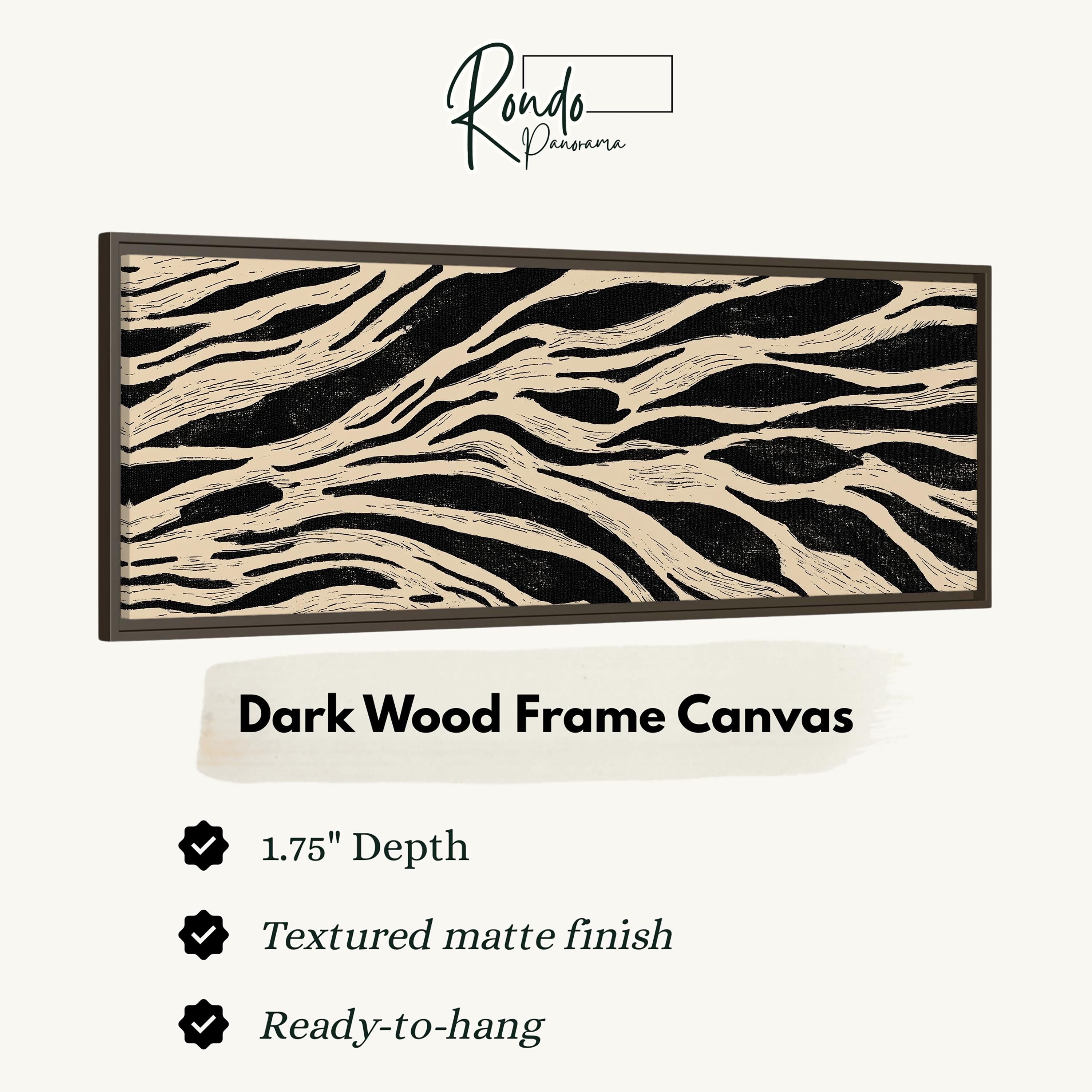 The image is a product description for a dark wood frame canvas. It features a 1.75" depth, a textured matte finish, and is ready-to-hang.