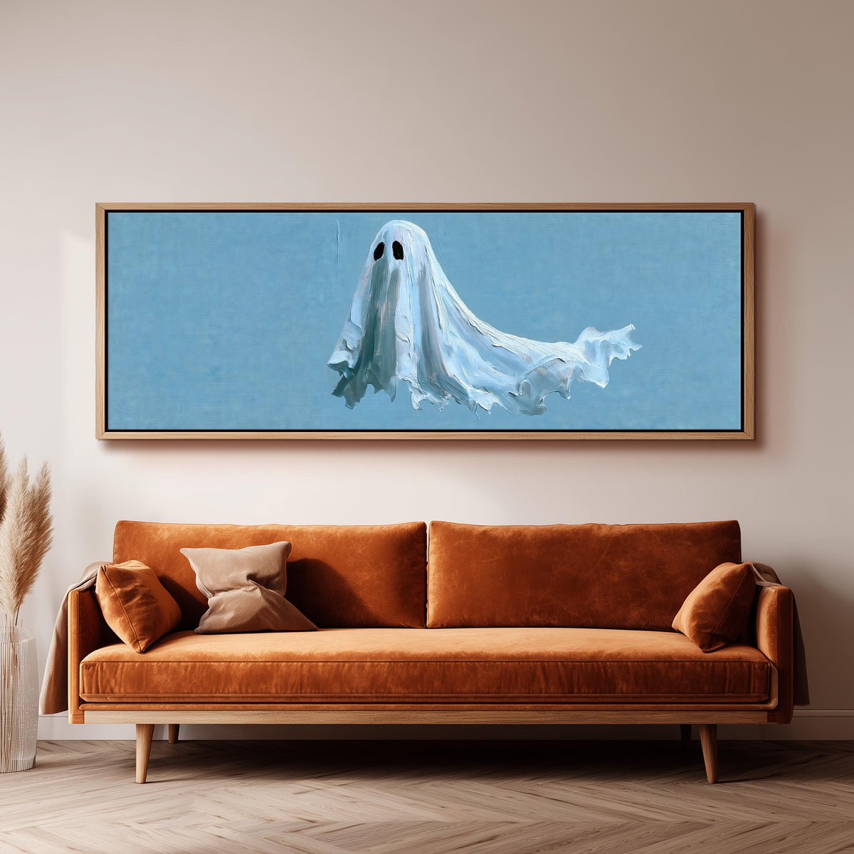 Floating ghost on blue wide panoramic canvas print above a bench in a dark living room
