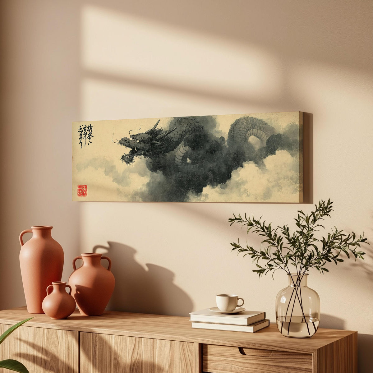 Ink dragon in the clouds long horizontal canvas print above a wooden sideboard