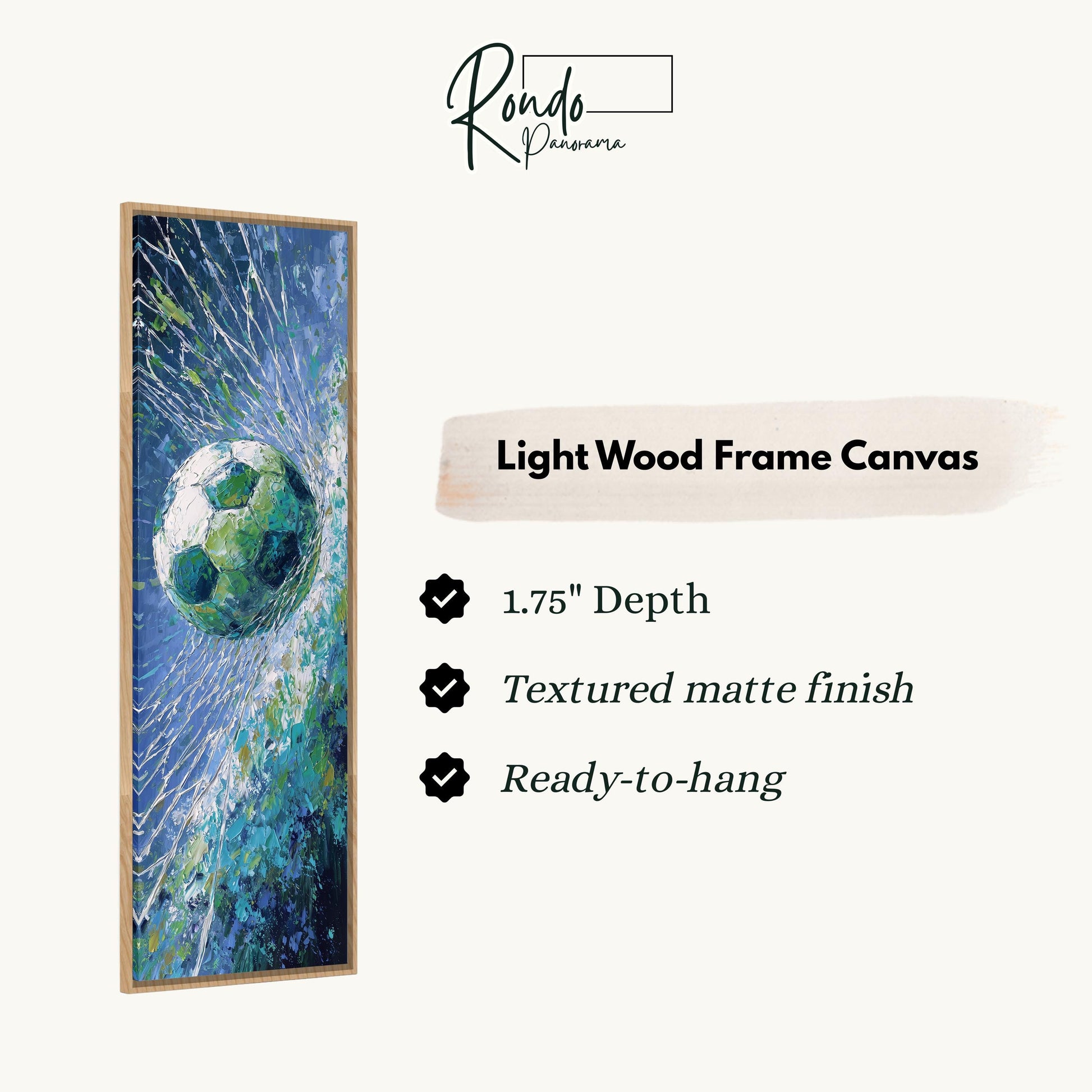 The image is a framed artwork depicting a soccer ball in motion, with a text box providing information about the light wood frame canvas.
