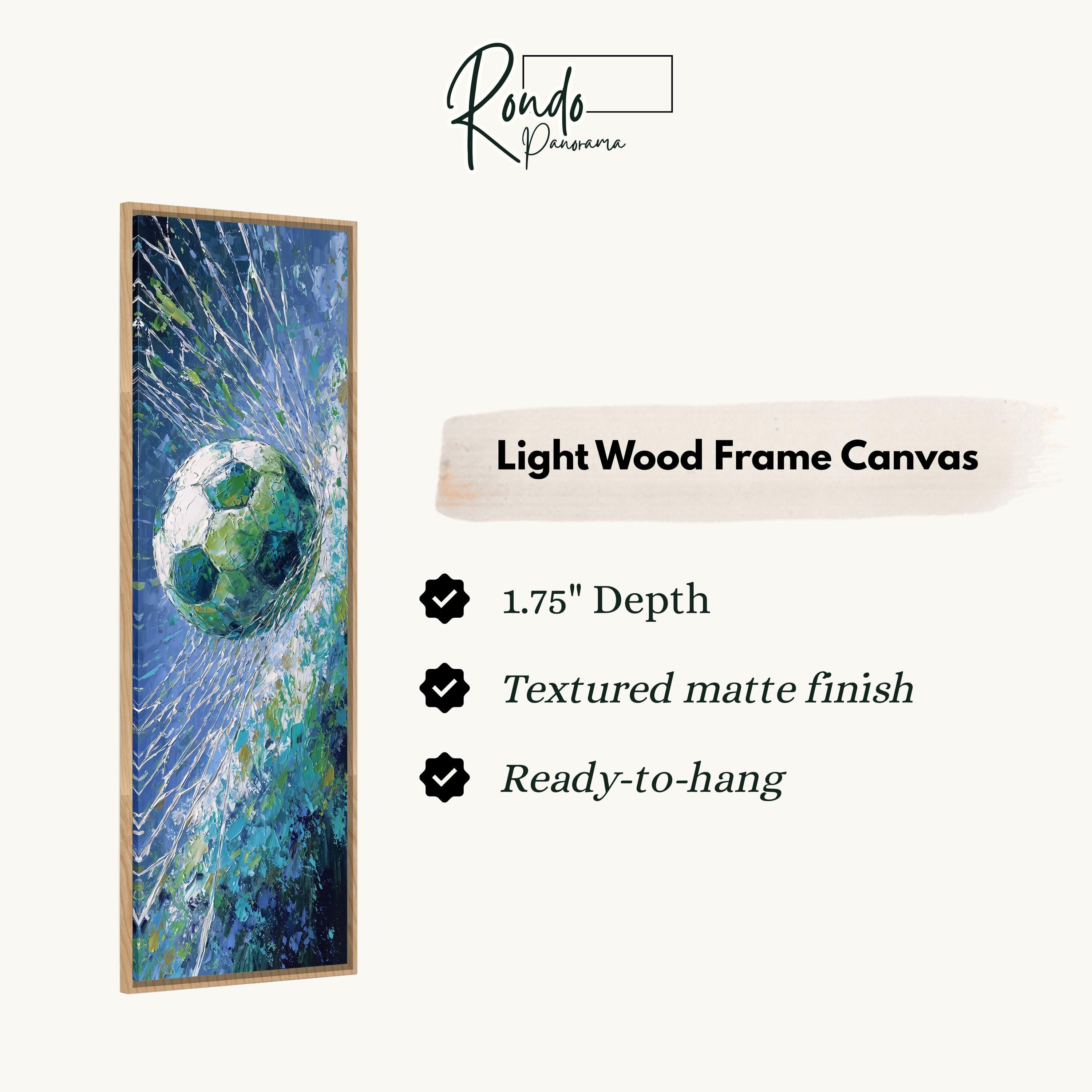 The image is a framed artwork depicting a soccer ball in motion, with a text box providing information about the light wood frame canvas.