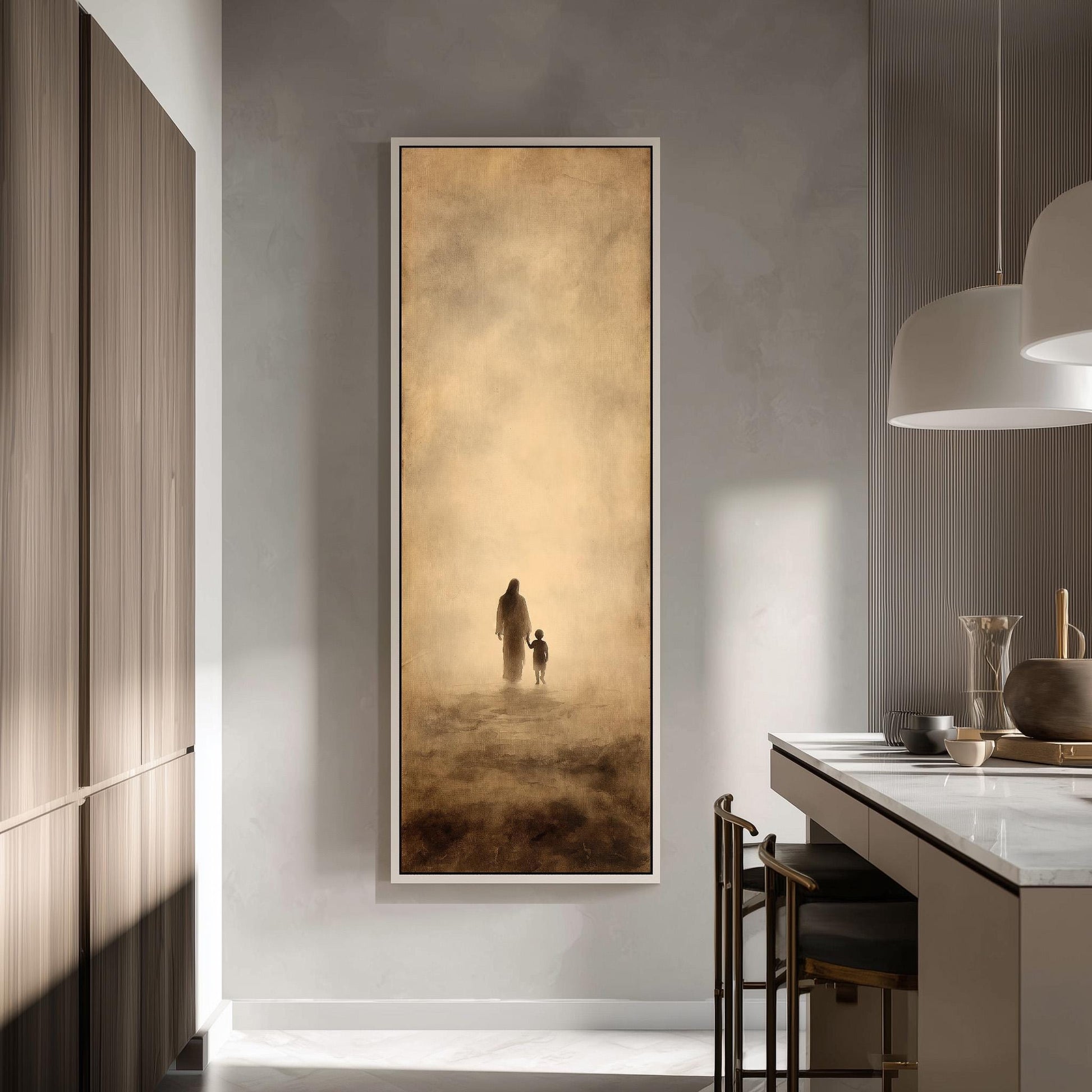a large painting of a man and a child standing in a desert-like setting, with a warm, golden hue. The painting is mounted on a wall in a modern kitchen, with a countertop and chairs visible in the background.