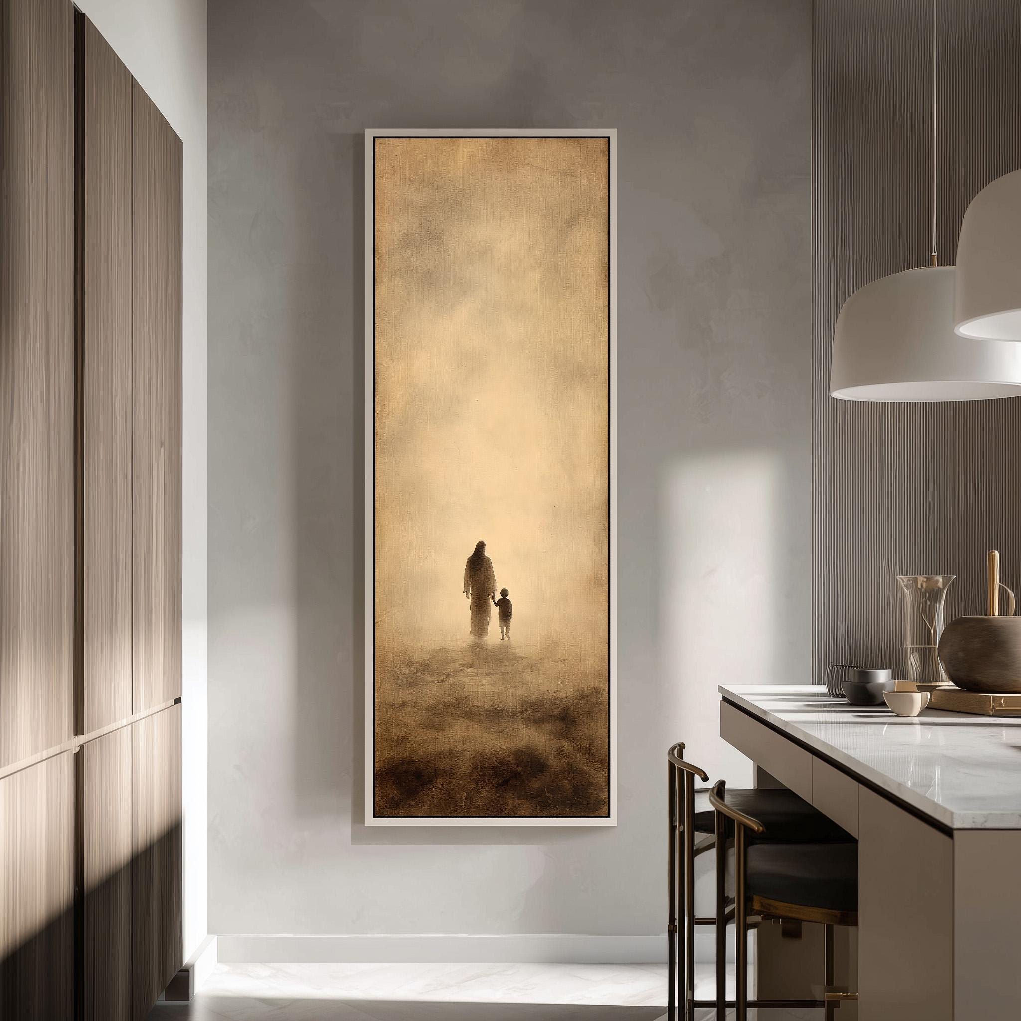 a large painting of a man and a child standing in a desert-like setting, with a warm, golden hue. The painting is mounted on a wall in a modern kitchen, with a countertop and chairs visible in the background.