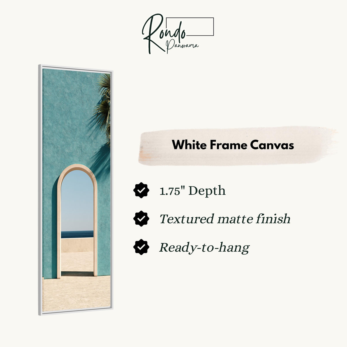Arched doorway in a teal wall opening to the sea canvas print in a white floating frame