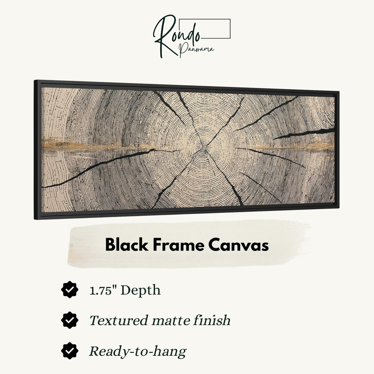Pale gold wood ring canvas print in a black floating frame