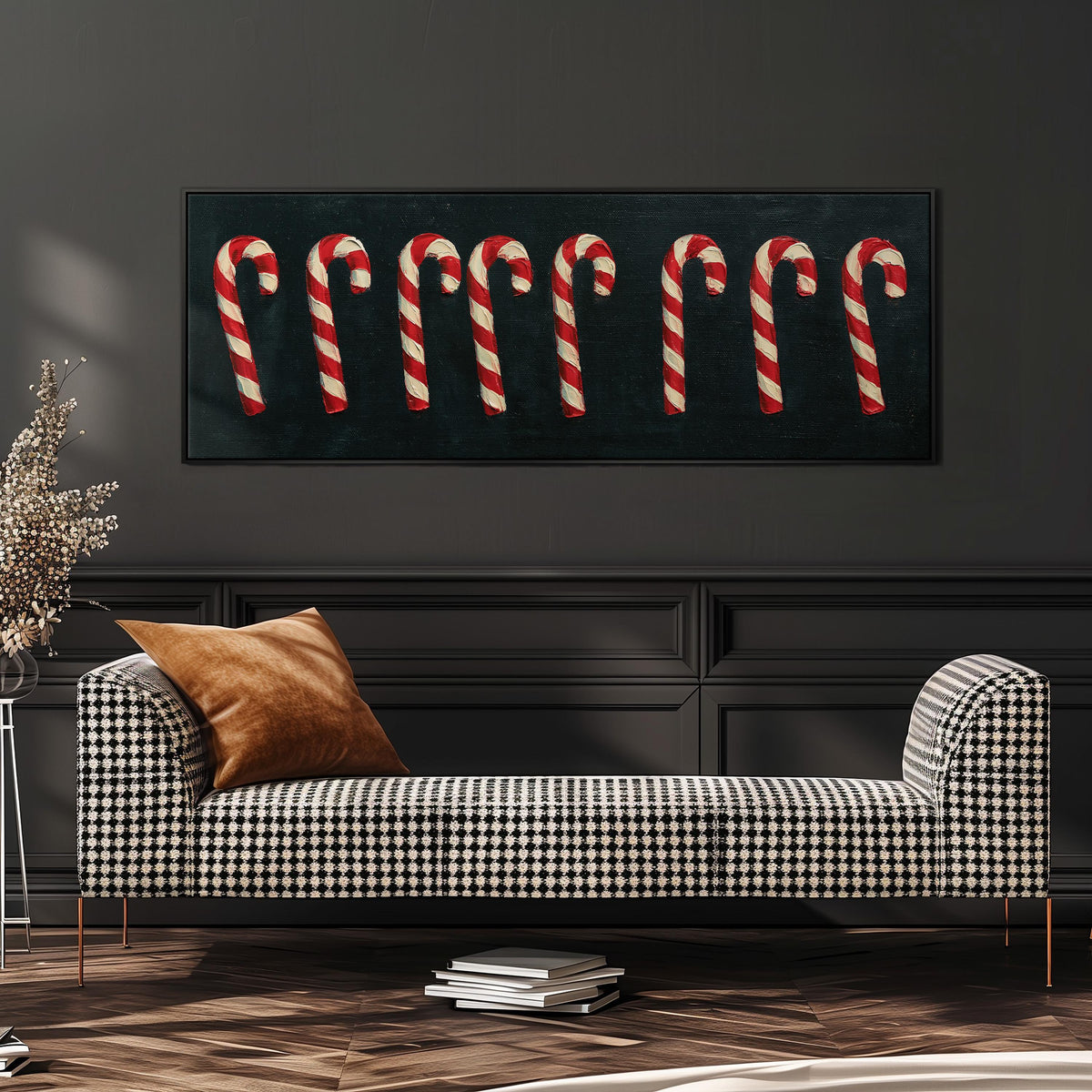 Row of candy canes on black long horizontal canvas print above a sofa in a living room