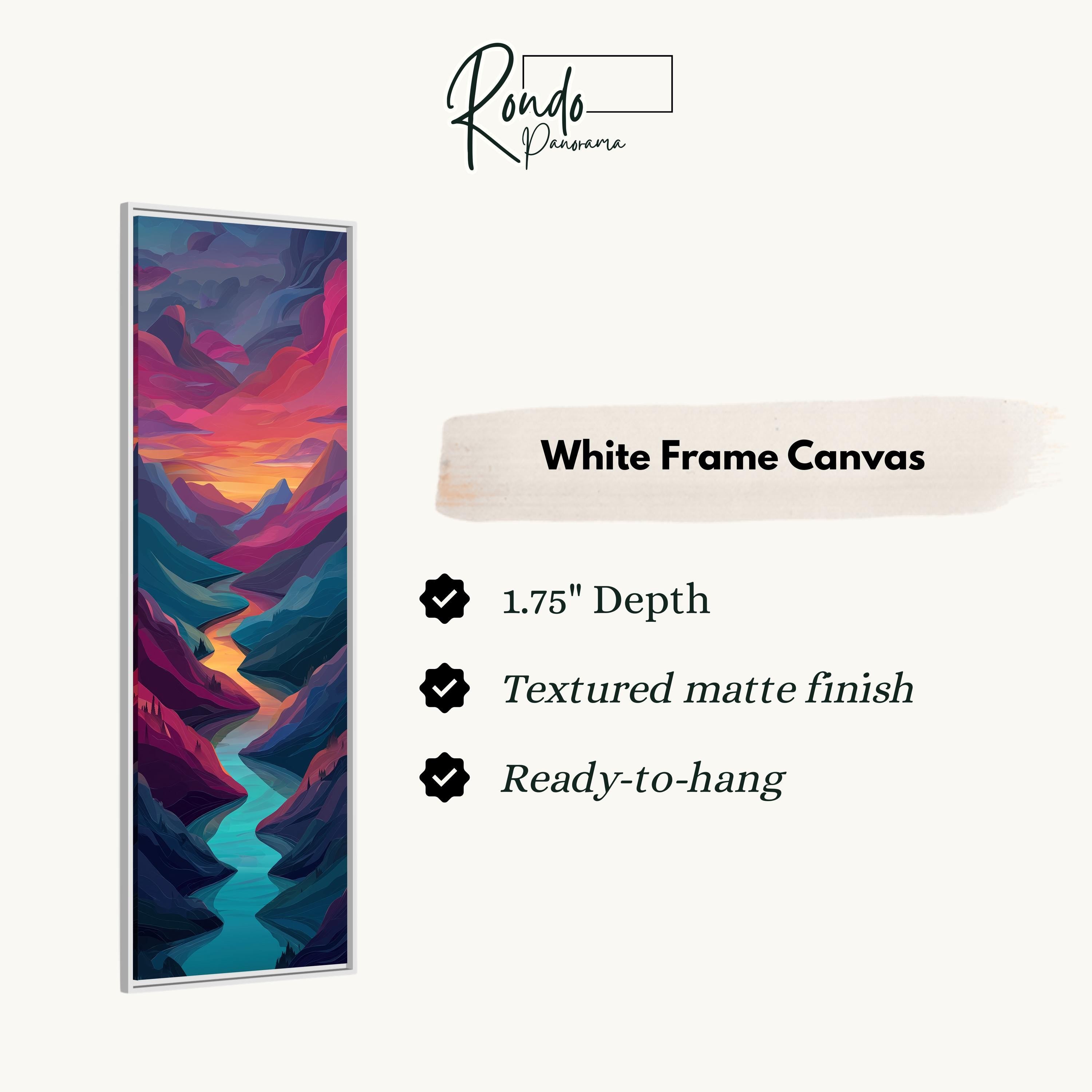 The image is a white frame canvas with a colorful abstract painting of mountains and a river.