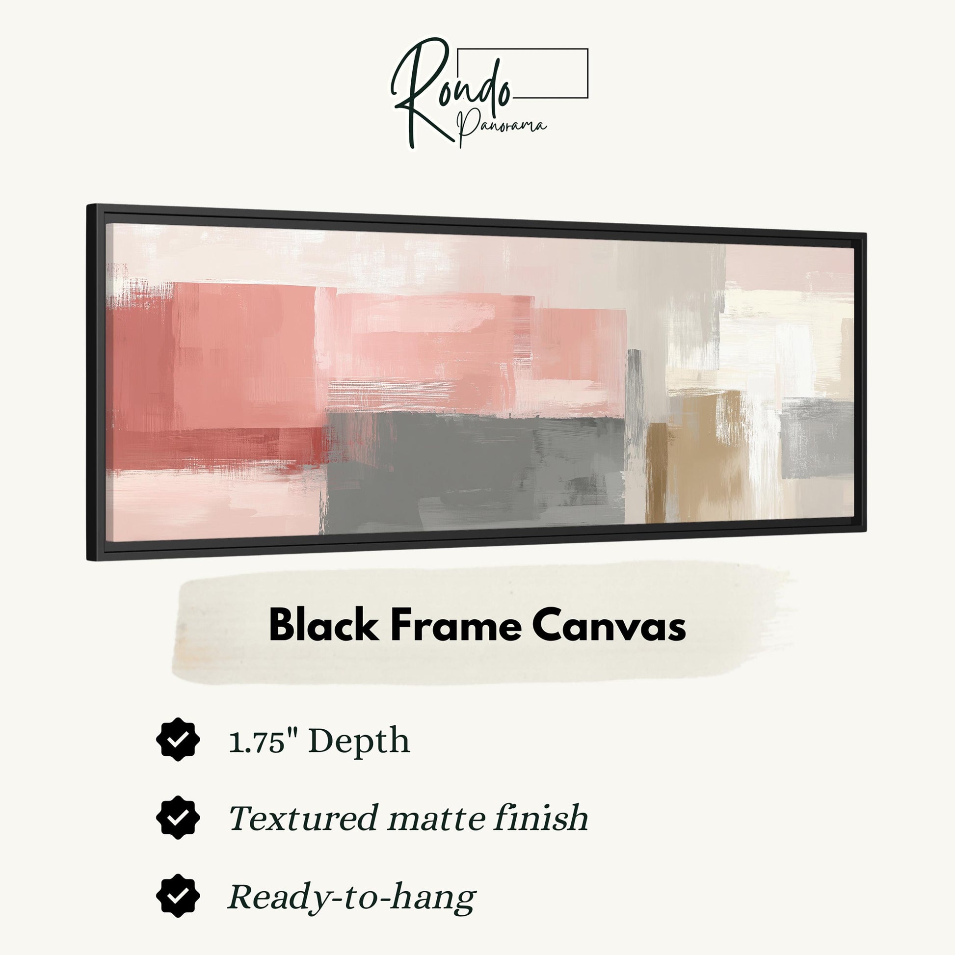 The image is a product advertisement for a black frame canvas. It features a large abstract painting with a black frame, and provides details about the product, including its dimensions, finish, and hanging capabilities.