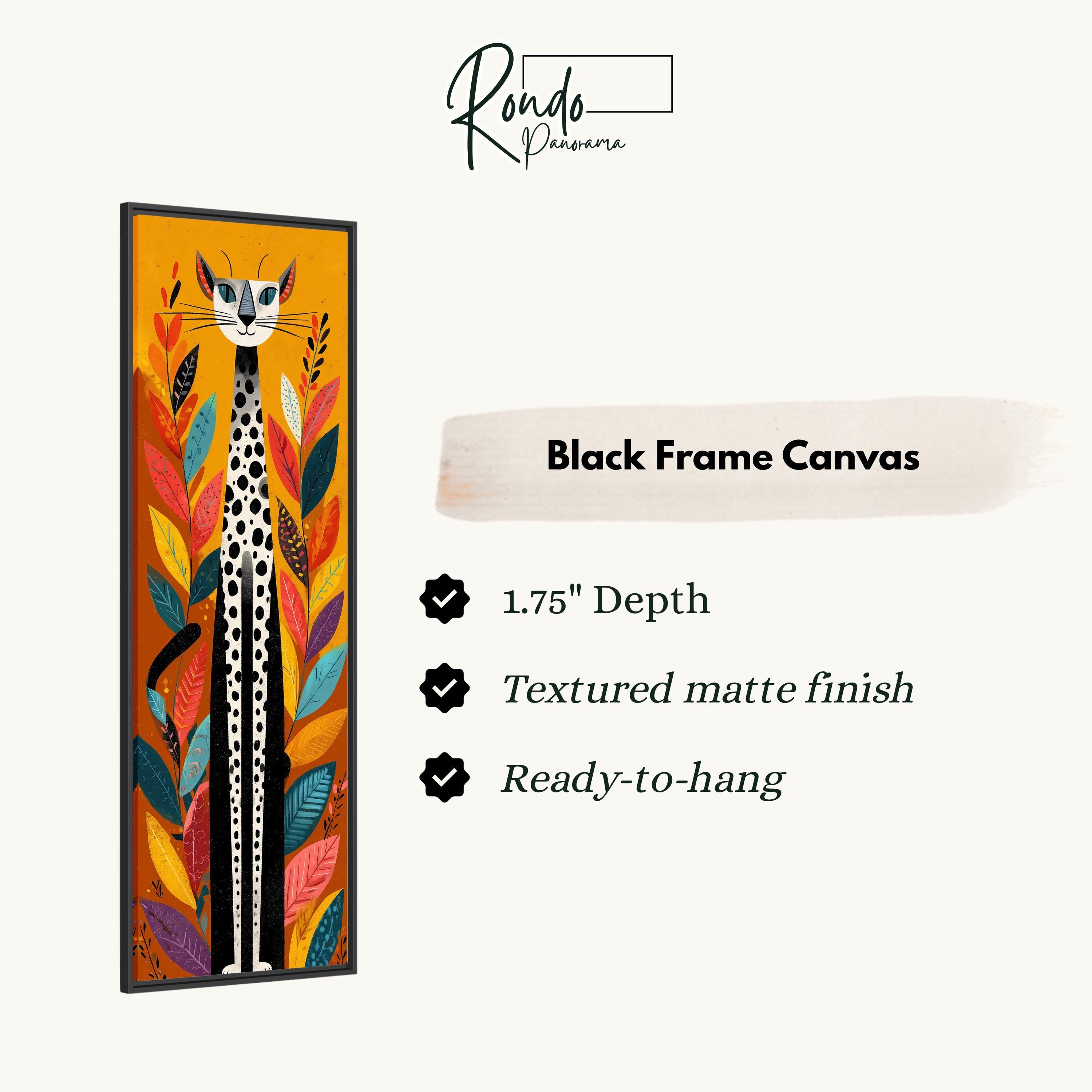The image is a black frame canvas featuring a giraffe surrounded by colorful leaves and flowers.