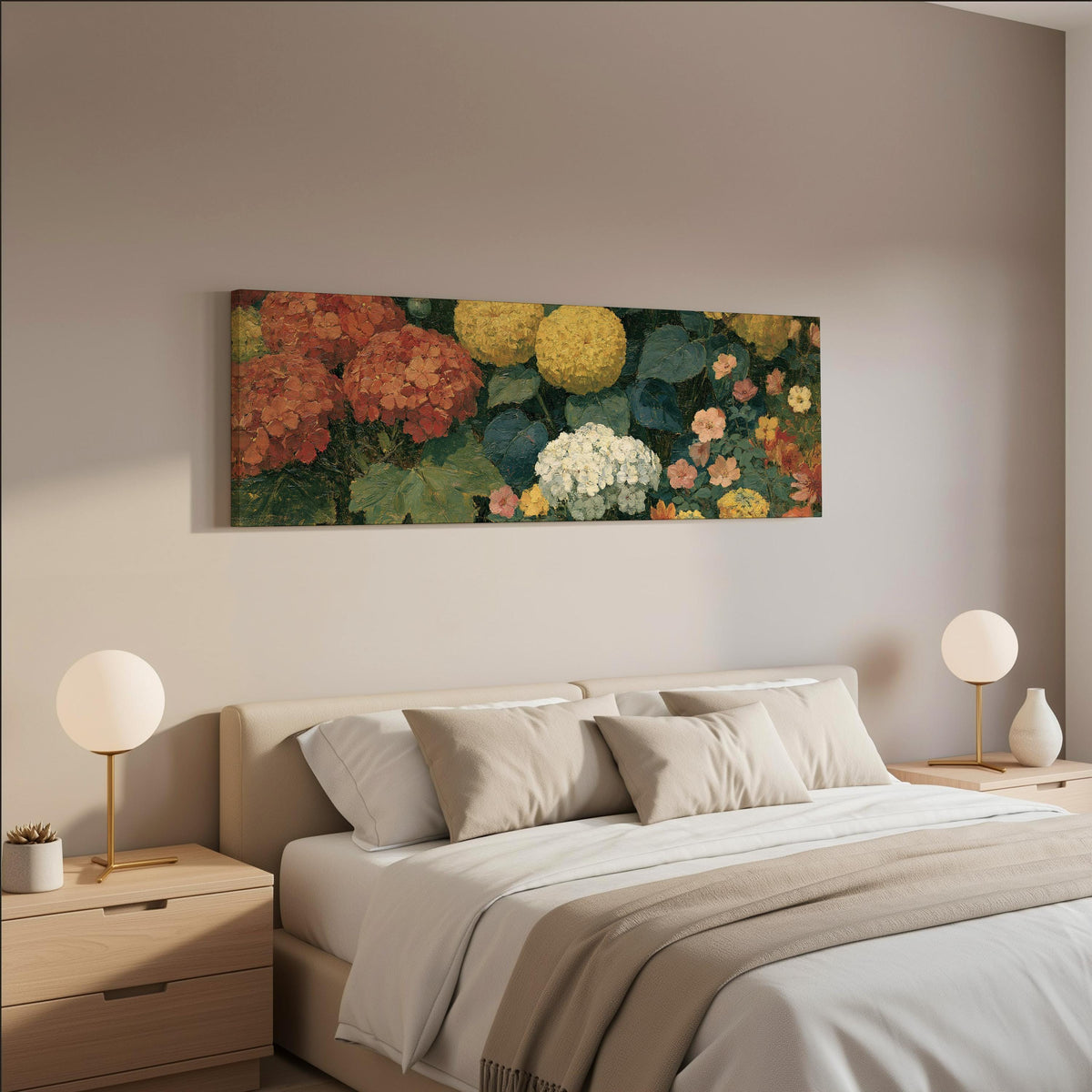 Warm hydrangea and dahlia bouquet wide panoramic canvas print above a bed in a neutral bedroom