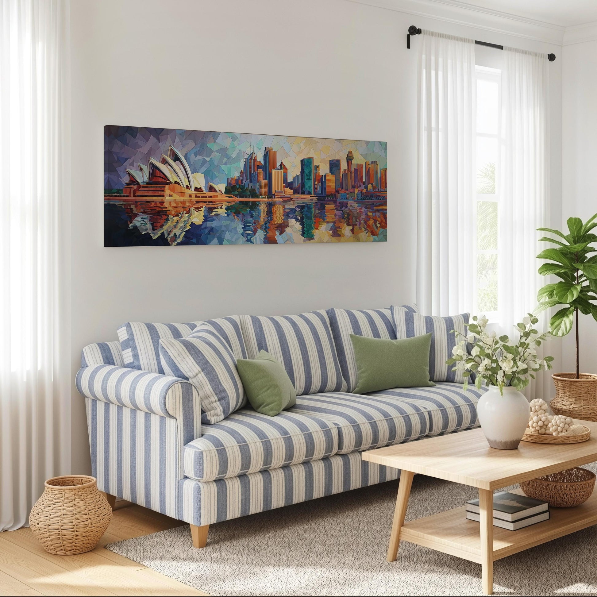 a living room with a striped blue and white sofa, a wooden coffee table, and a large painting of the Sydney Opera House on the wall.
