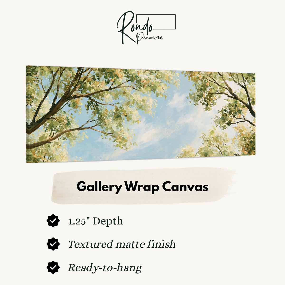 Sunlit leafy branches framing soft clouds gallery wrap canvas with the image wrapped around the edges