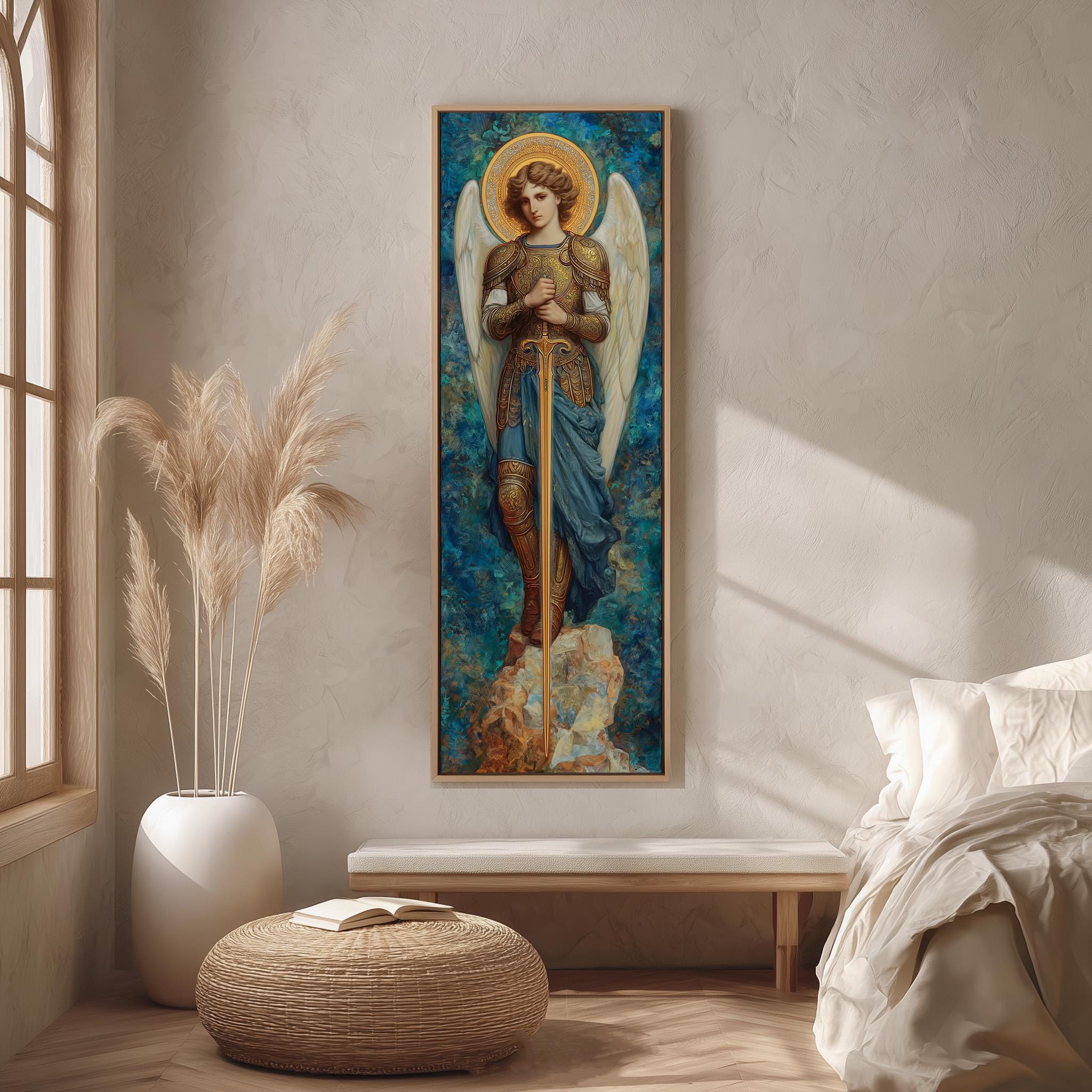 a large painting of a woman with wings, standing in a room with a window, a bench, and a potted plant.