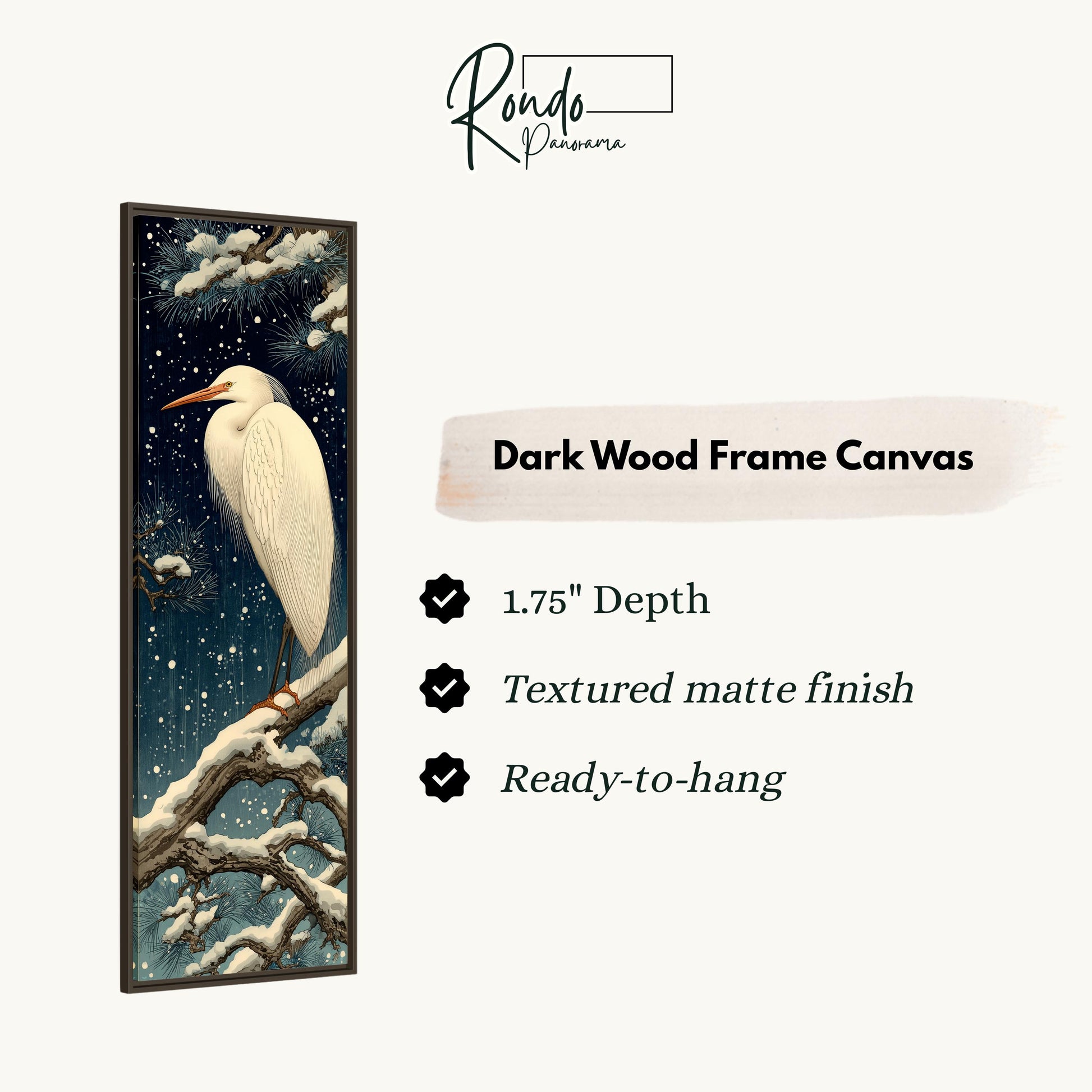 The image is a dark wood frame canvas featuring a white bird perched on a branch with snow.