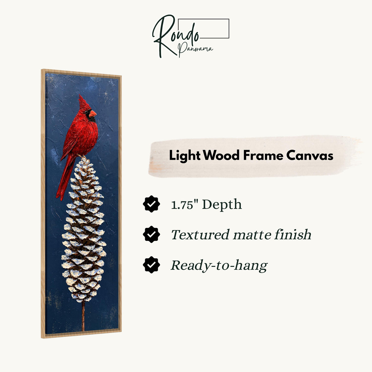 Red cardinal perched on a snowy pinecone canvas print in a light wood floating frame