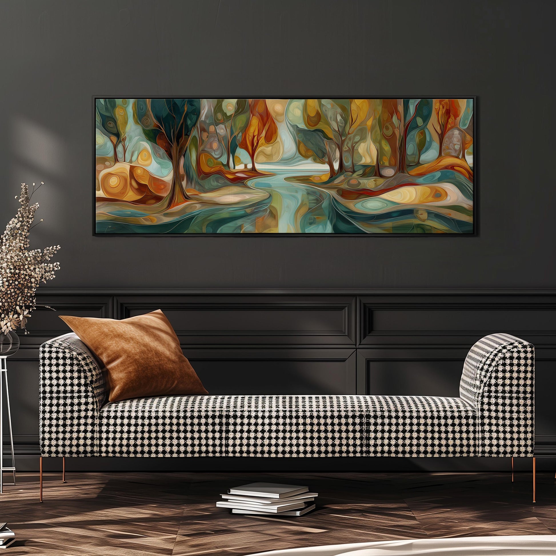 a large, colorful abstract painting hanging on a wall above a black and white checkered sofa in a modern living room setting.