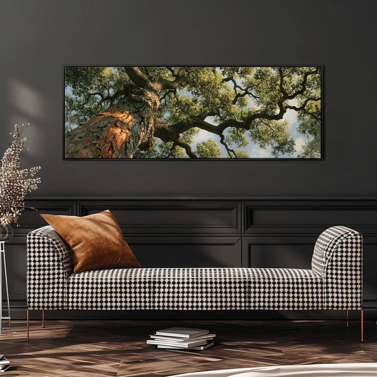 Ancient oak trunk and branches seen from below wide panoramic canvas print above a bench in a dark living room