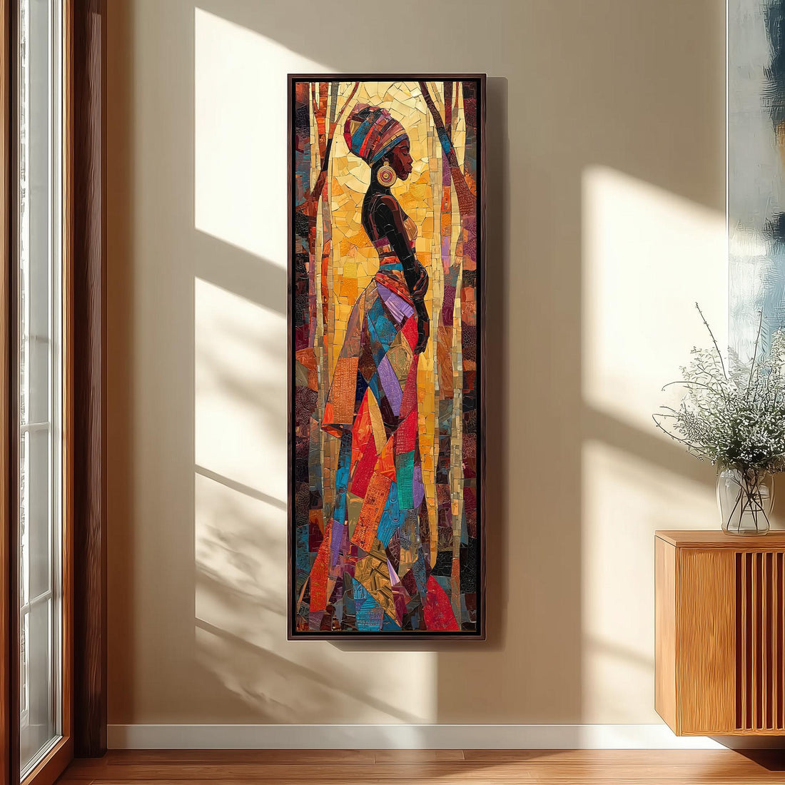a large, colorful painting of a woman with a headdress hanging on a wall.