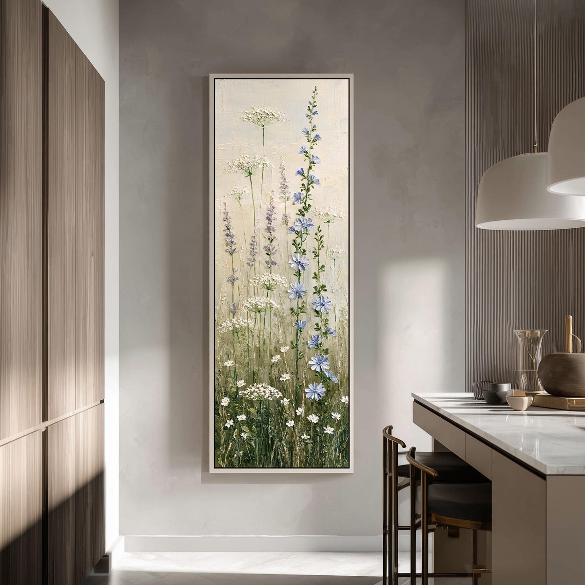 Chicory, lavender and Queen Anne's lace wildflowers tall skinny canvas print in a modern kitchen