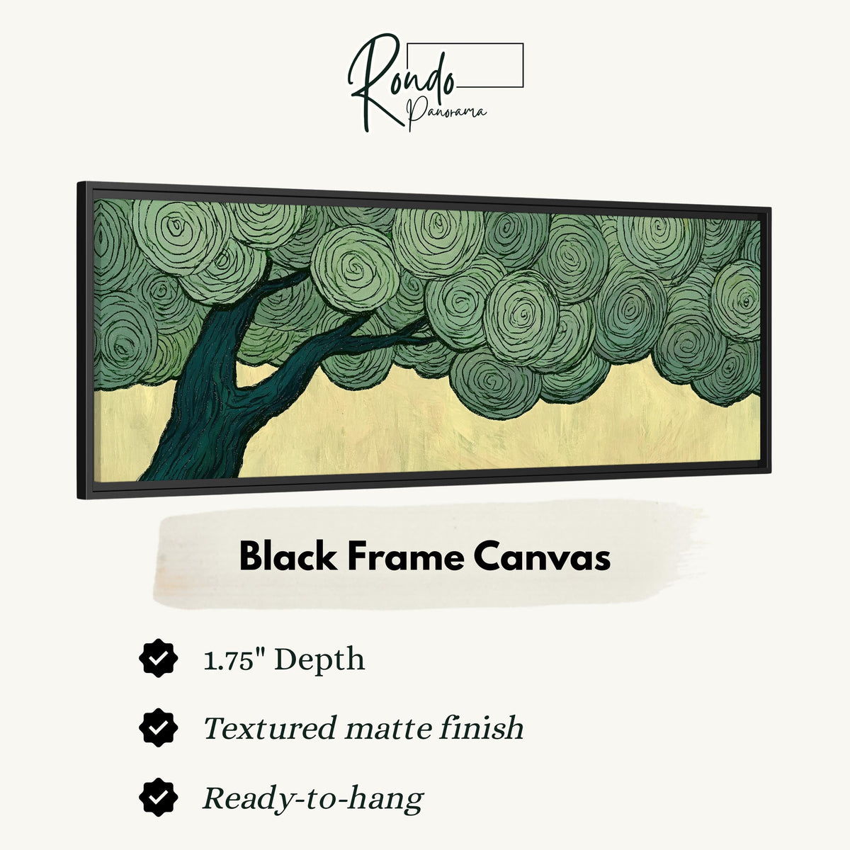 Tree with a swirling green canopy canvas print in a black floating frame