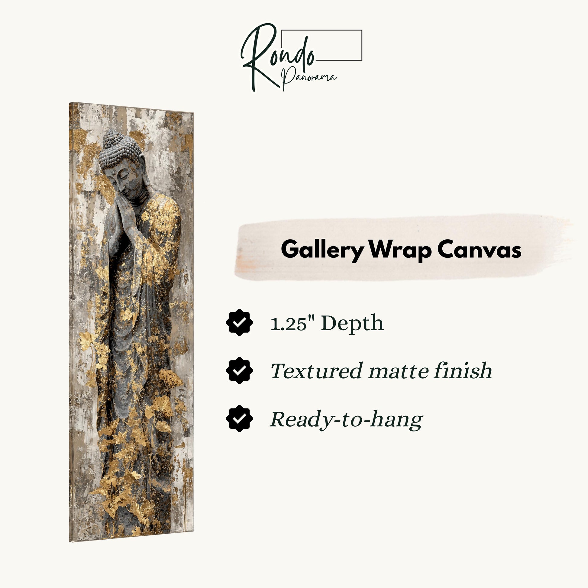 The image is a gallery wrap canvas featuring a Buddha statue with a textured matte finish and a 1.25" depth.