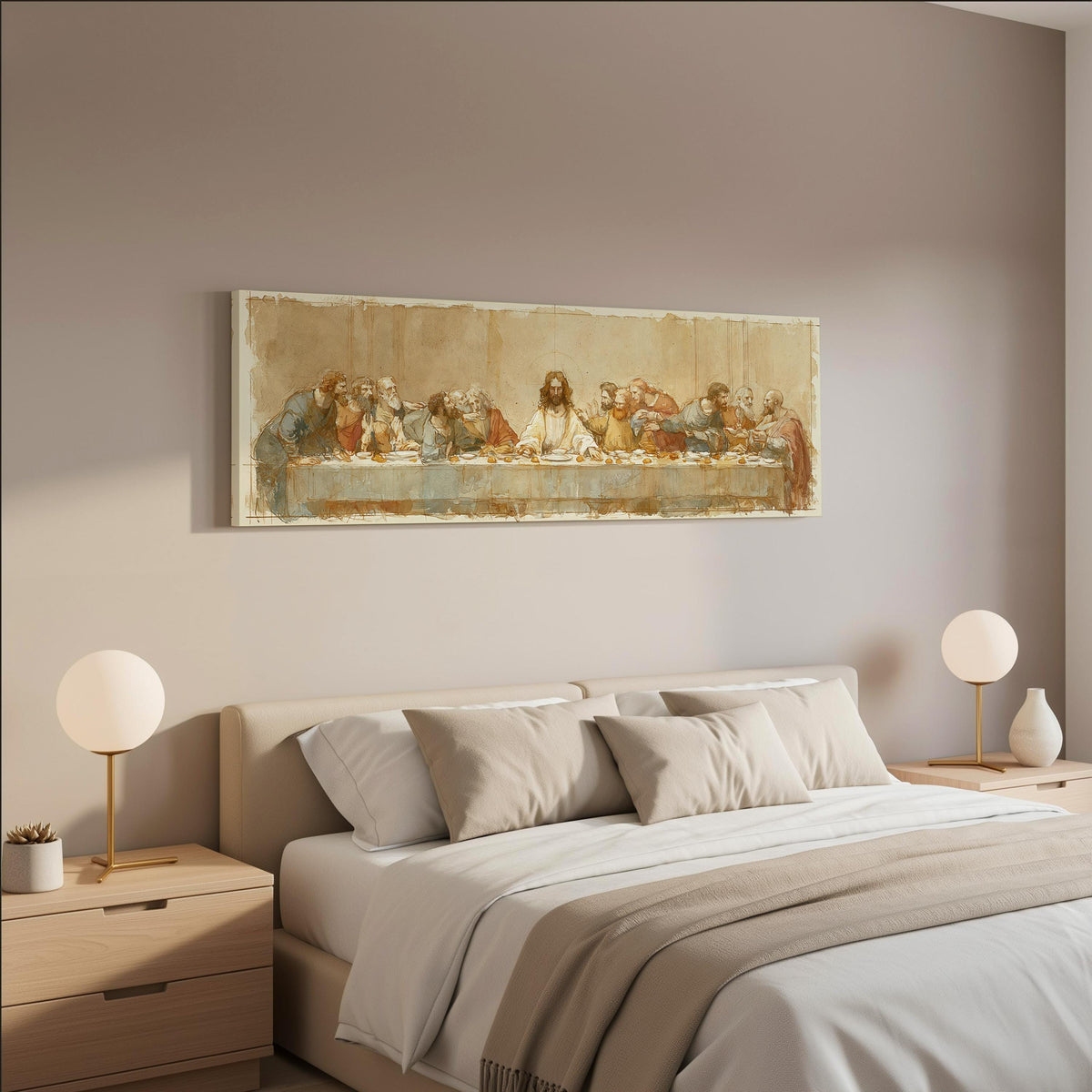 The Last Supper in a sepia sketch style wide panoramic canvas print above a bed in a neutral bedroom