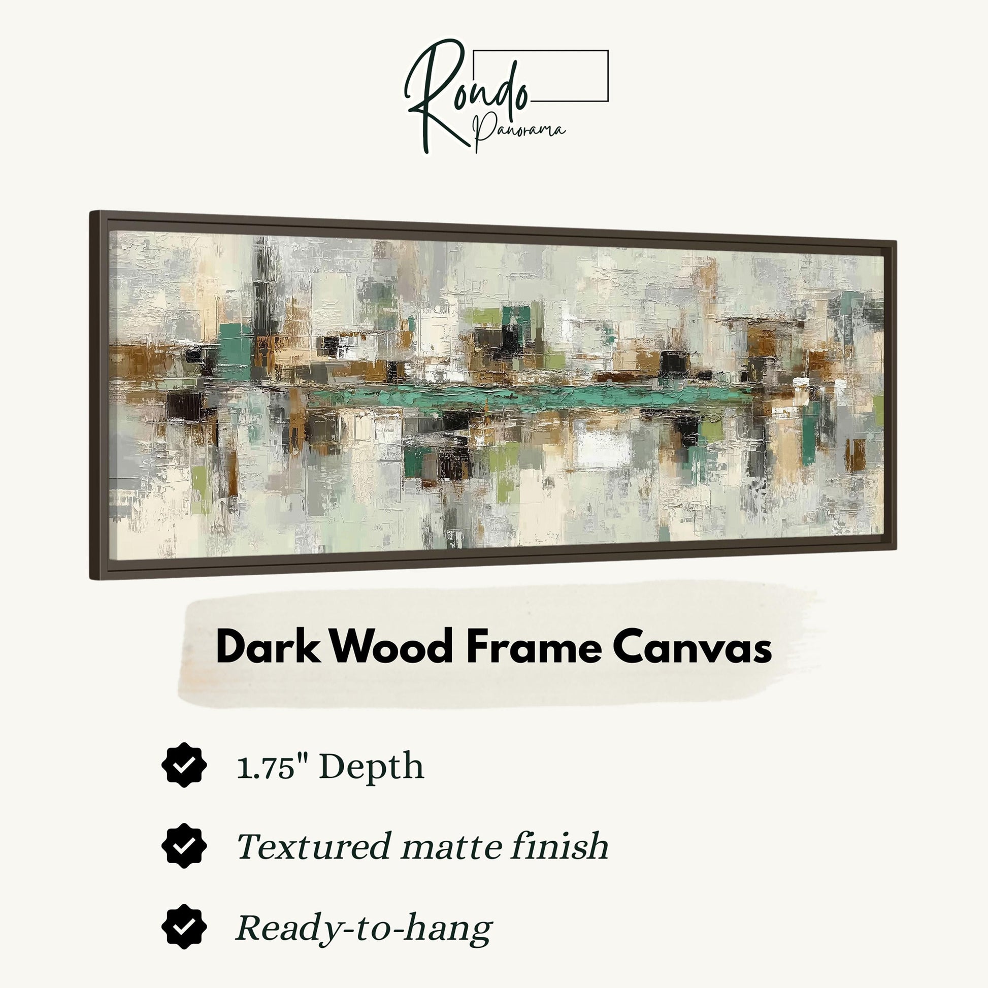 The image is a product advertisement for a dark wood frame canvas. It features a large abstract painting with a textured finish and a 1.75" depth. The canvas is described as textured matte finish and ready-to-hang.