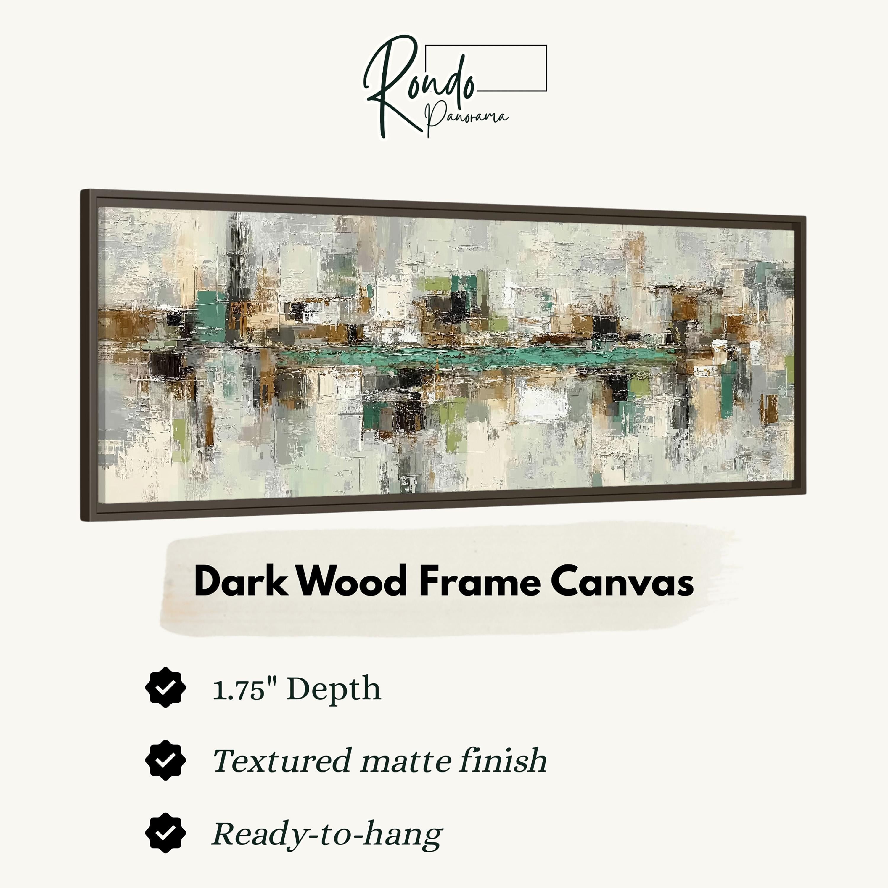 The image is a product advertisement for a dark wood frame canvas. It features a large abstract painting with a textured finish and a 1.75" depth. The canvas is described as textured matte finish and ready-to-hang.