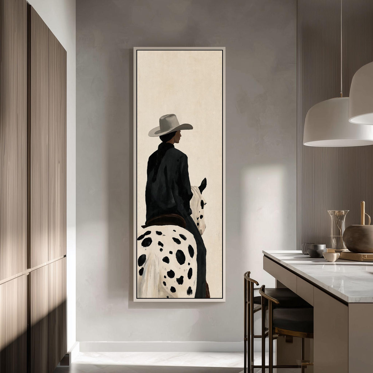 Cowgirl on a spotted appaloosa from behind tall skinny canvas print in a modern kitchen