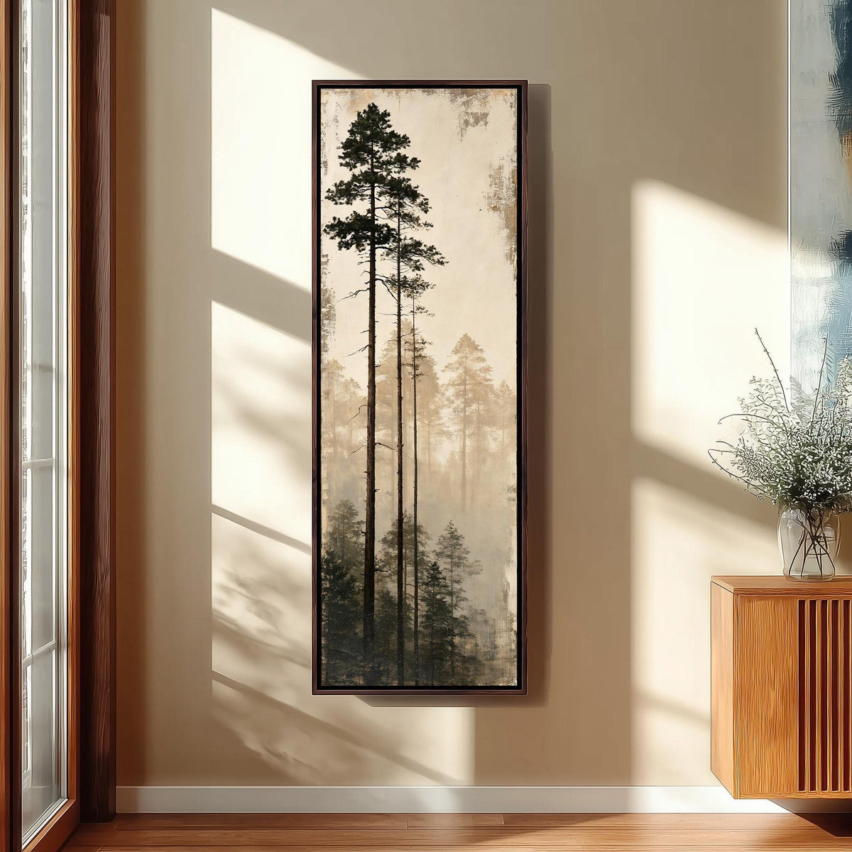 Tall pines in fog tall skinny canvas print in a sunlit living space