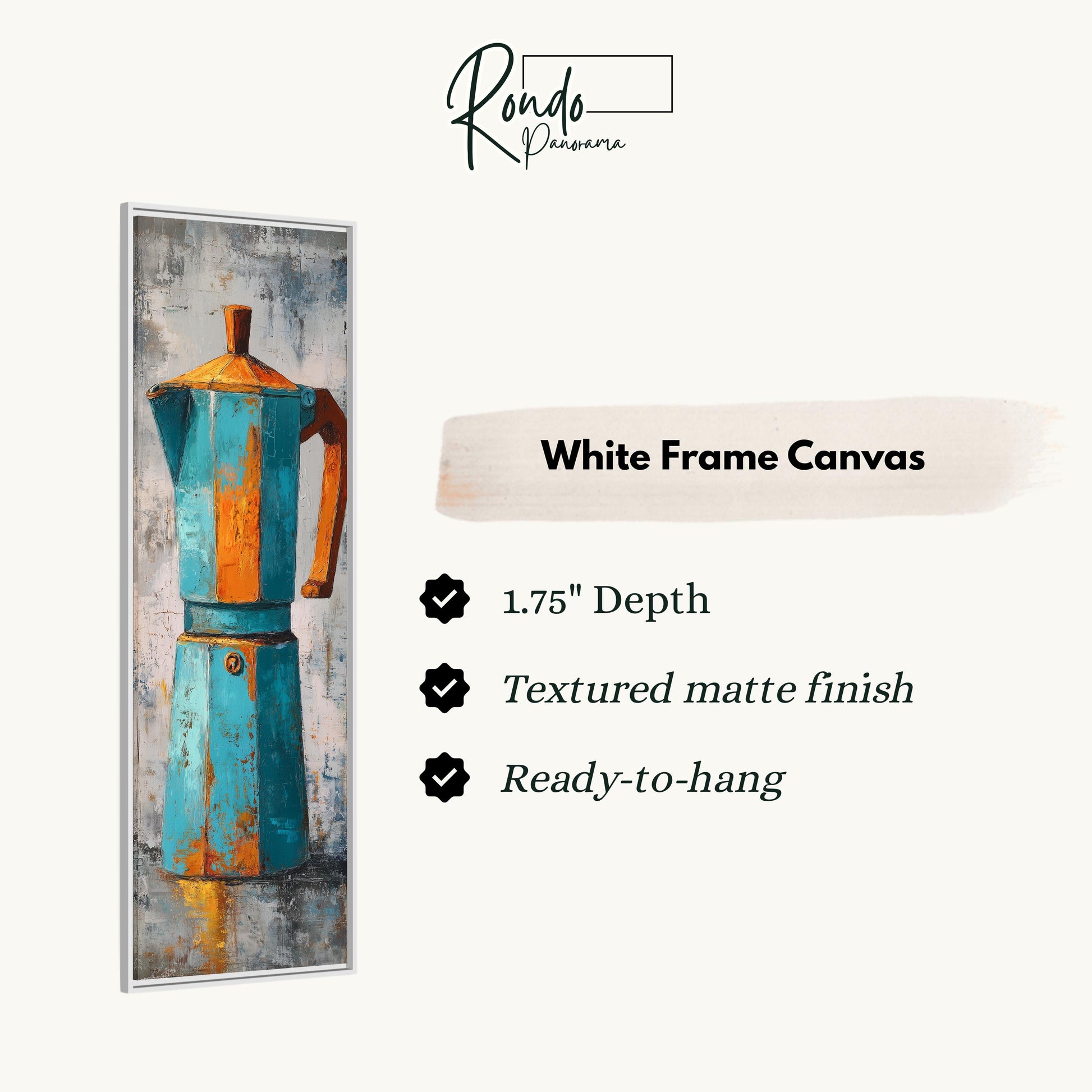 The image is a white frame canvas featuring a blue and orange coffee maker.