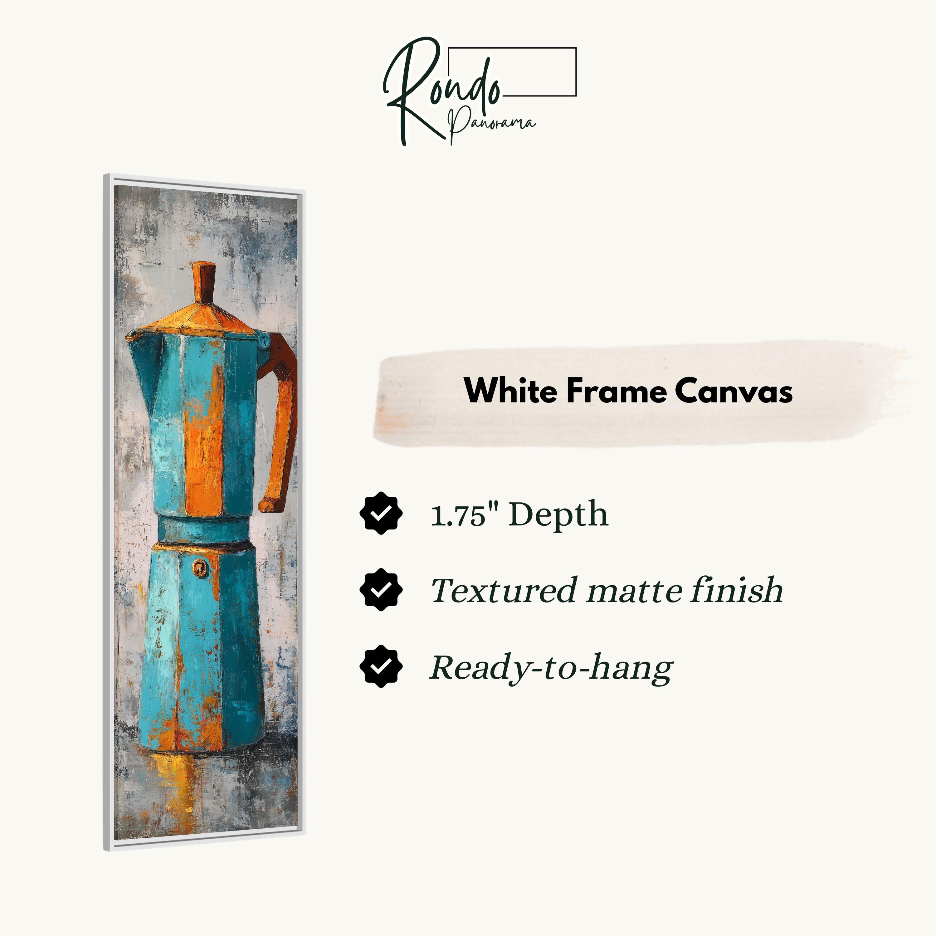 The image is a white frame canvas featuring a blue and orange coffee maker.