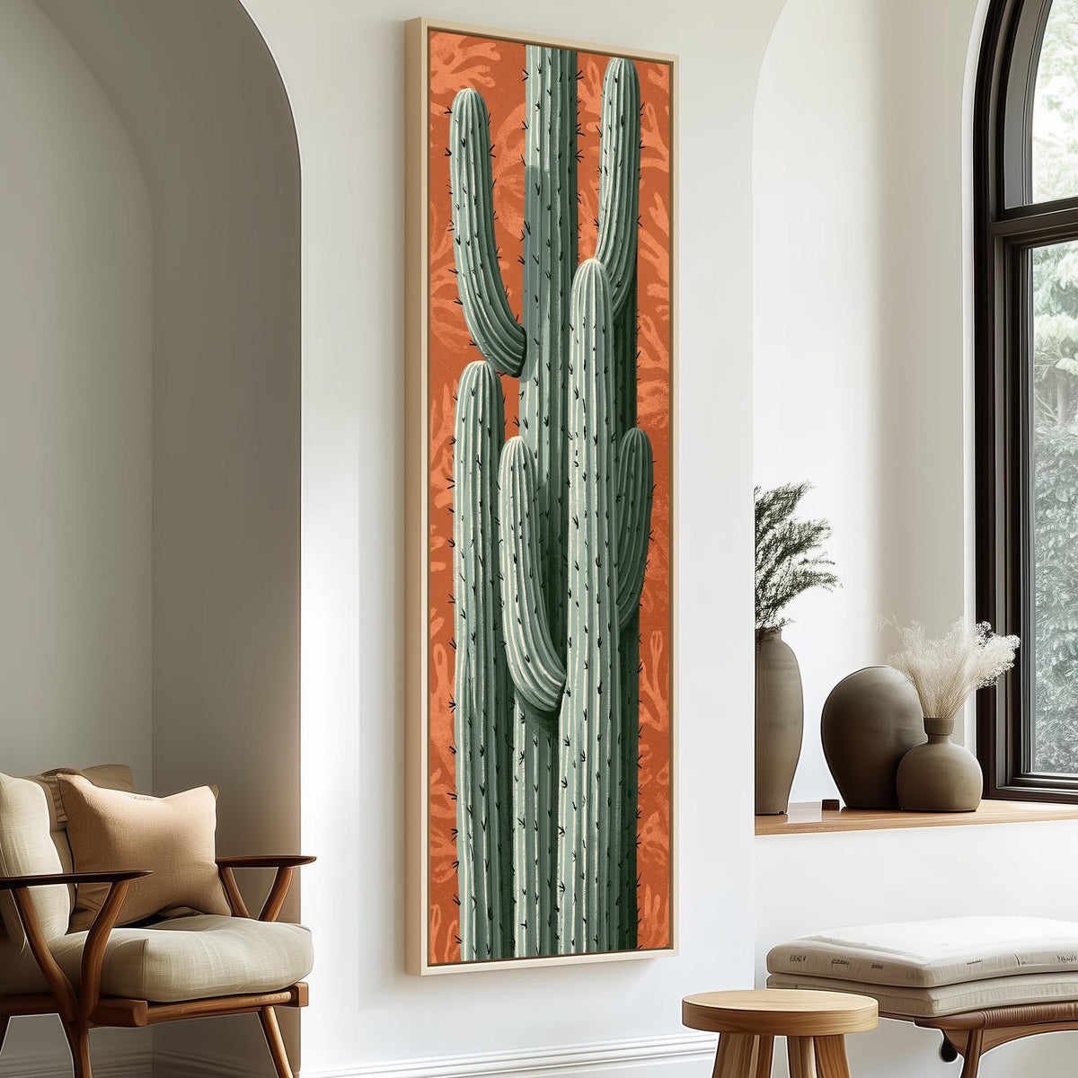 Saguaro cactus on a patterned terracotta background tall skinny canvas print in a sunlit living space