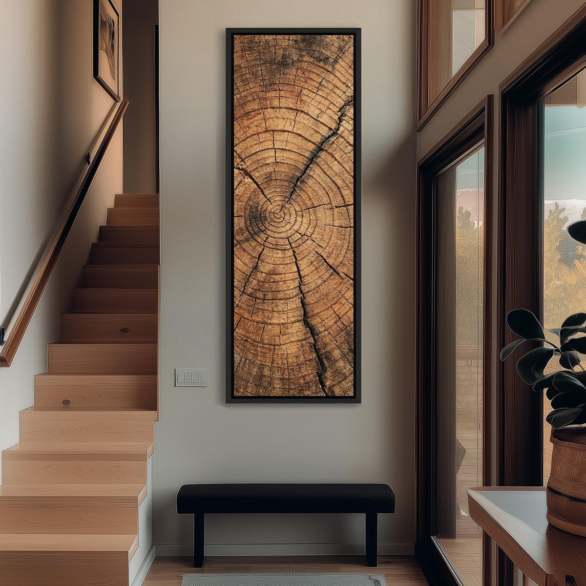 Natural tree ring texture tall narrow canvas print beside a staircase in an entryway