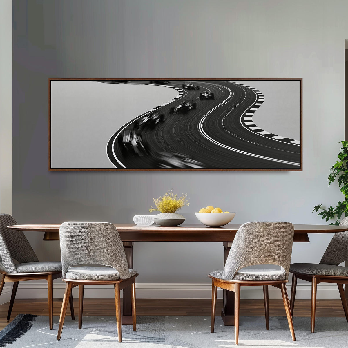 Winding race track in monochrome panoramic canvas print above a white sofa in a bright living room