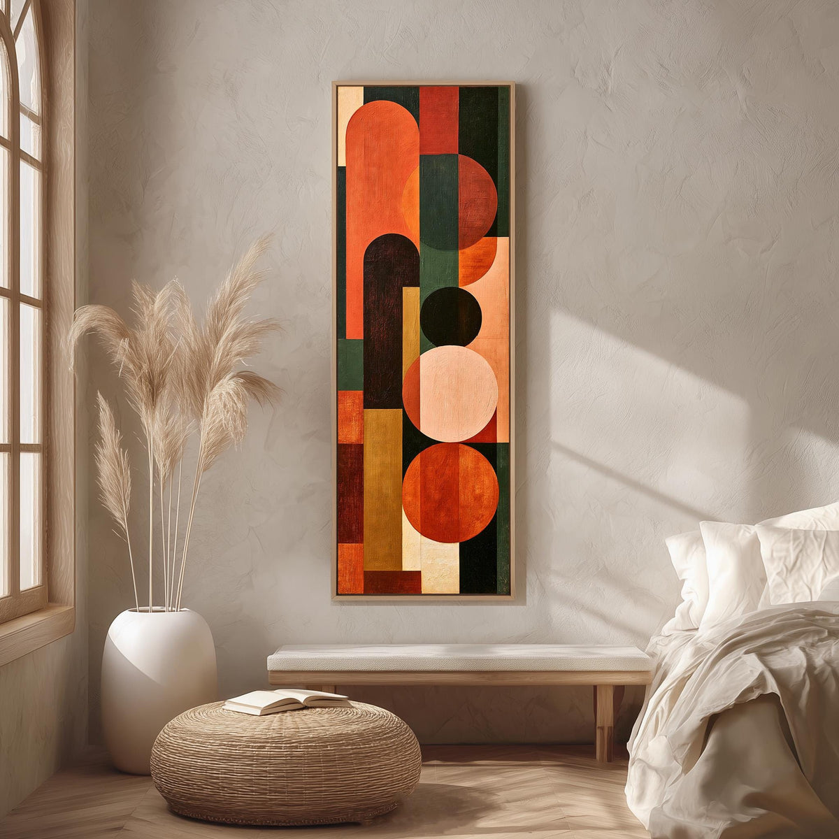 Terracotta, navy and blush arch and circle totem long vertical canvas print in a bright reading corner