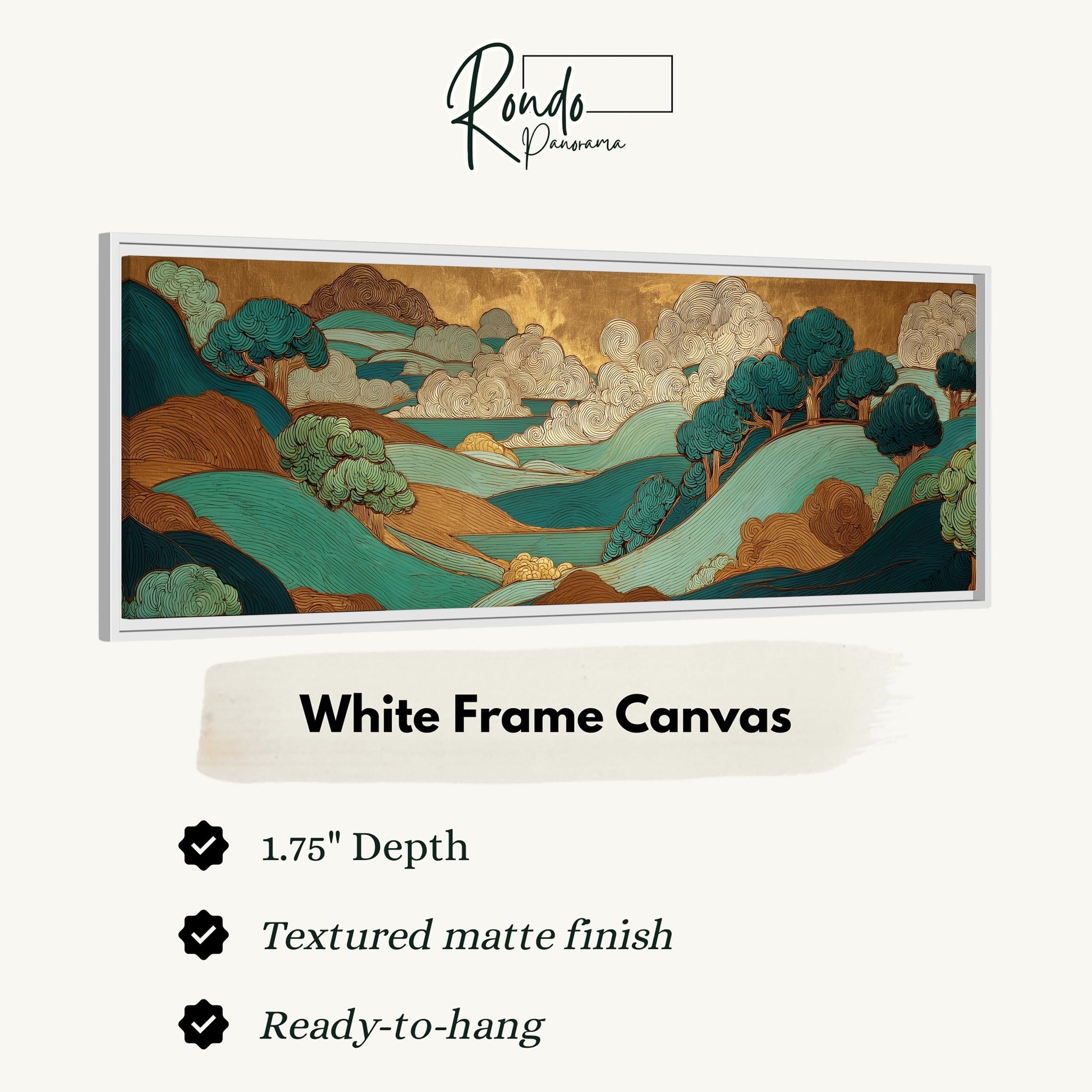 The image is a framed artwork depicting a landscape with mountains, trees, and a body of water. The artwork is described as a "White Frame Canvas" with a "1.75" depth, a "Textured matte finish", and "Ready-to-hang".