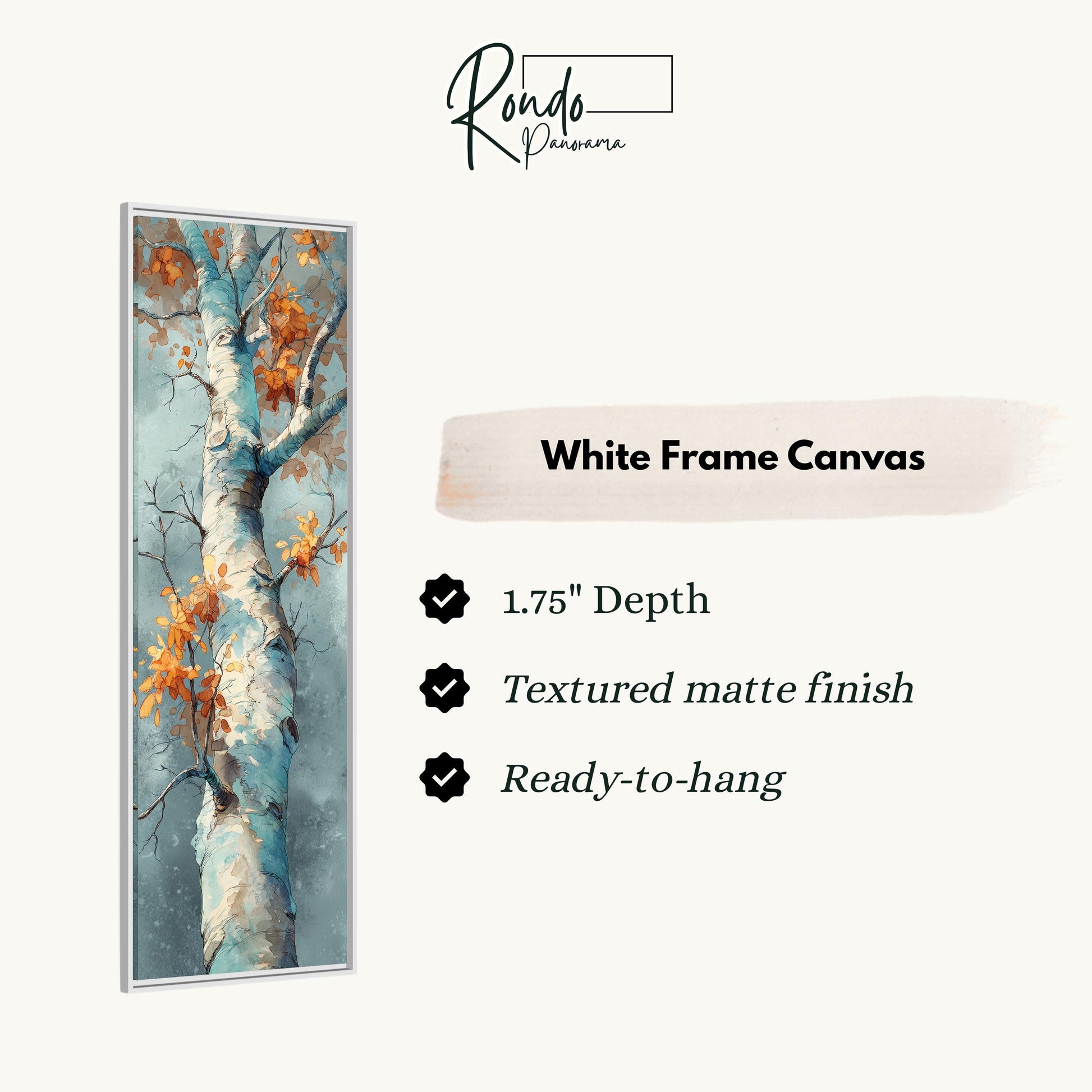 The image is a white frame canvas featuring a painting of a tree with orange leaves. The canvas has a 1.75" depth, is textured with a matte finish, and is ready to hang.