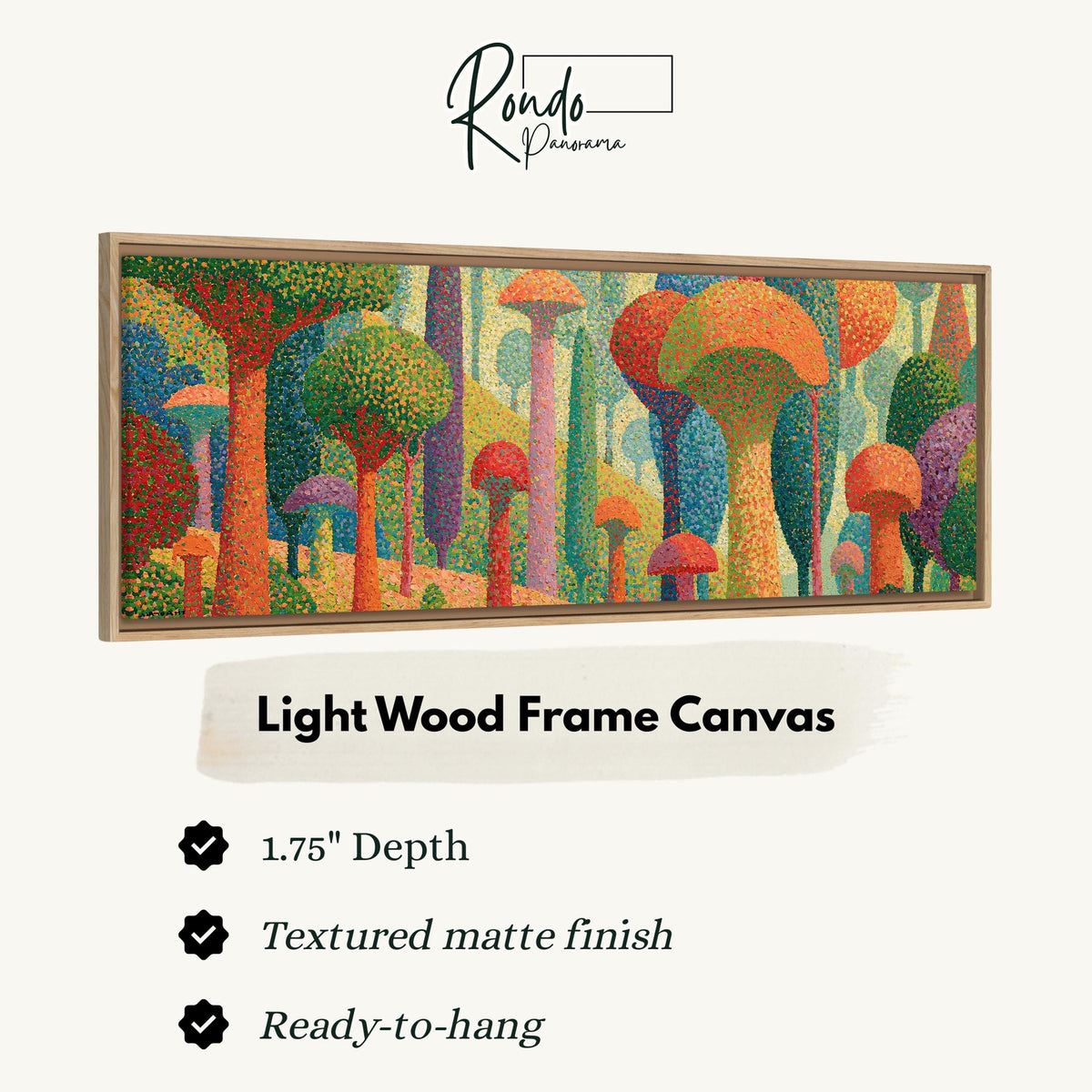Teal mushroom woodland canvas print in a light wood floating frame